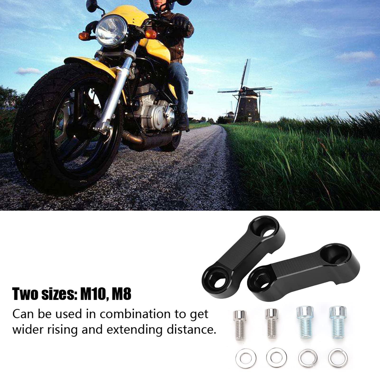 2PCS Motorcycle Mirror Extenders - 10mm & 8mm Stem Mirror Mount Riser Adapters for Enhanced Visibility & Safety | Perfect for Harley, Honda, Yamaha & More | Ideal for Touring, Commuting & Highway Riding