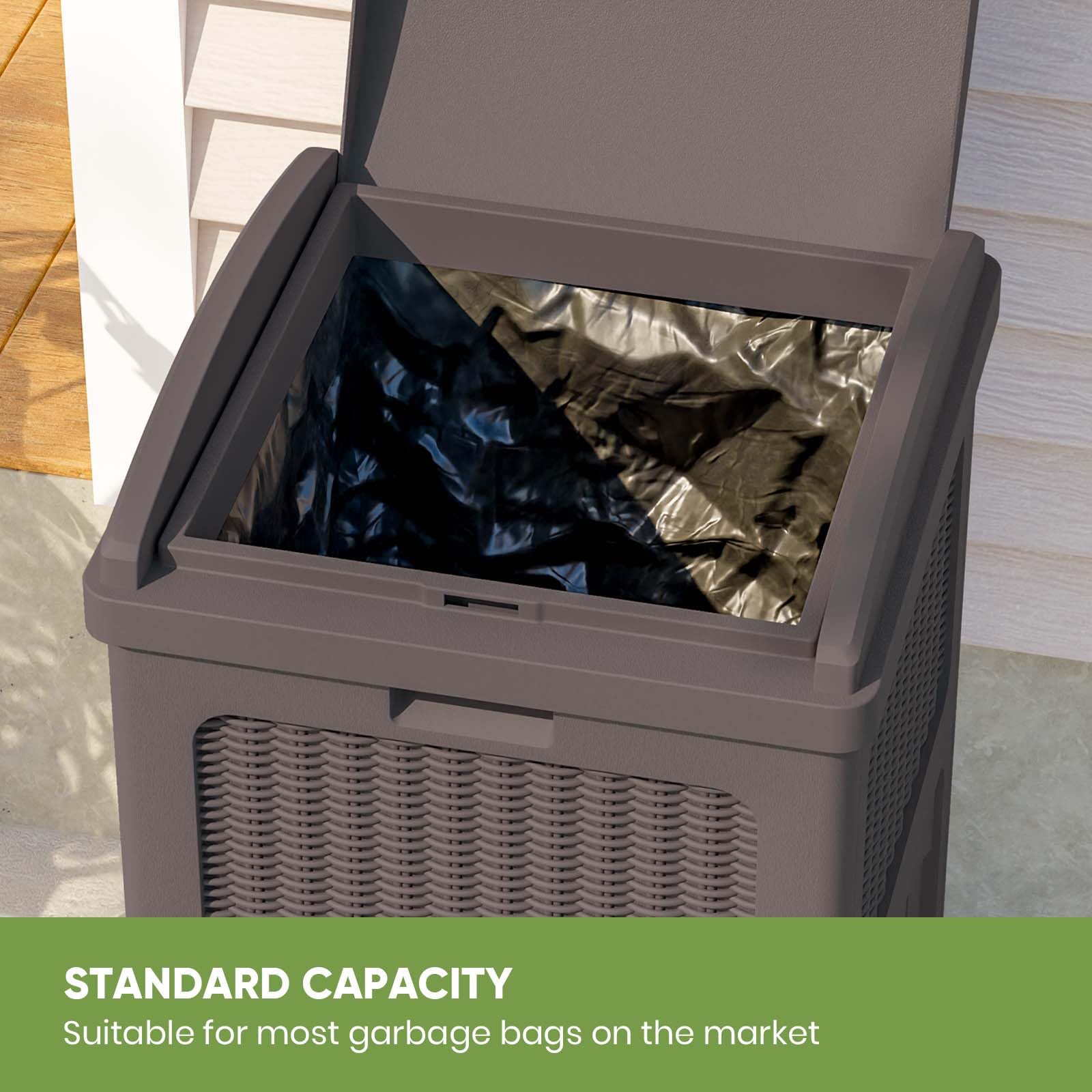 **Patiowell 36 Gallon Outdoor Trash Can with Lid - Heavy Duty Resin Garbage Bin for Patio, Backyard, Deck - Weatherproof & Durable - Dark Brown - Perfect for Outdoor Waste Management**    (Note: 
