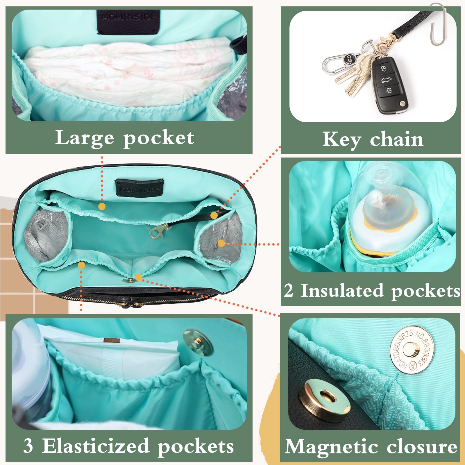 MOMINSIDE Premium Diaper Bag Backpack for Parents - Large Leather Baby Bag with 6 Insulated Pockets, Stroller Organizer & 2 Insulated Cup Holders - Perfect for Travel, Daycare & Family Outings