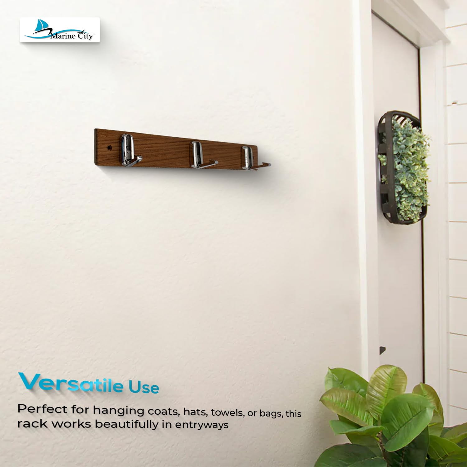 Premium Marine City Hook Rack - Teak Wood Base & 316 Stainless Steel Folding Hooks - Waterproof & Rustproof for Hats, Coats, Towels, Bags - Perfect for Boats, Bathrooms, Laundry Rooms & Entryways (3-Hook Organizer)