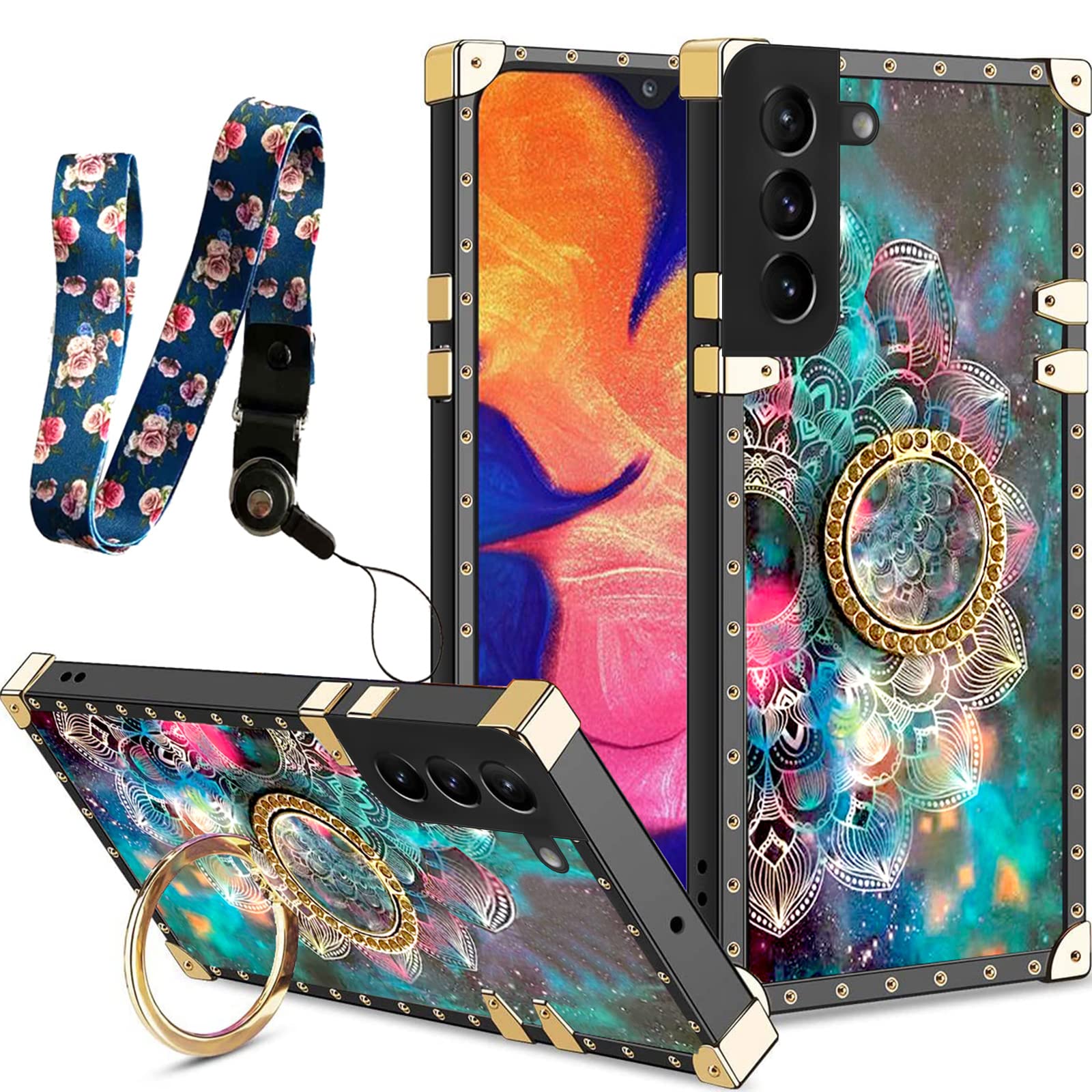 Premium Shockproof Samsung Galaxy S22 Plus Case (6.6-inch) - Colorful Petal Stars Sky Design with Diamond Ring Holder & Strap Lanyard | Durable Protection Cover for Everyday Use, Travel, and Outdoor Activities