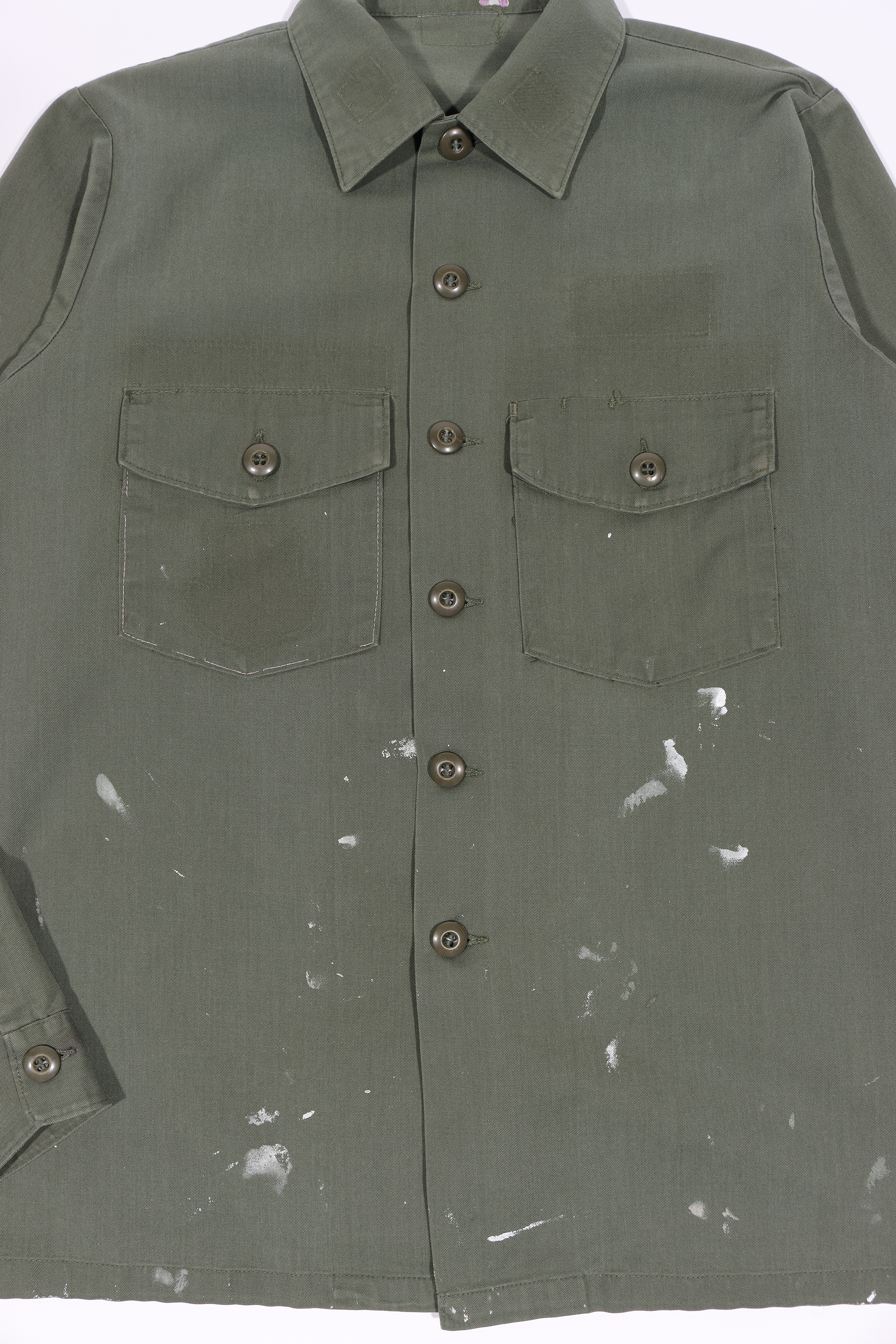 Vintage 1970s Military Army Paint Splatter Work Shirt - Retro Distressed Style for Men, Casual Wear & Costume Parties