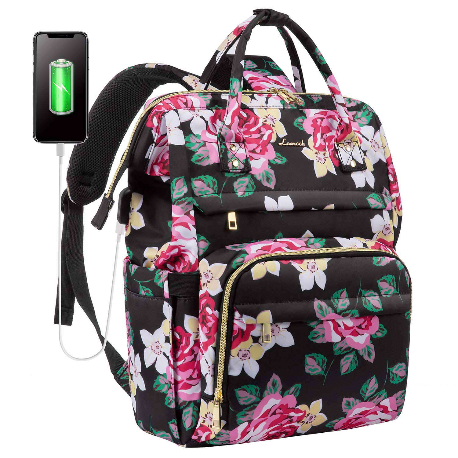 LOVEVOOK Women's Cute Floral Laptop Backpack with USB Charging Port, 15.6-Inch Computer Bag for Work, School & Travel