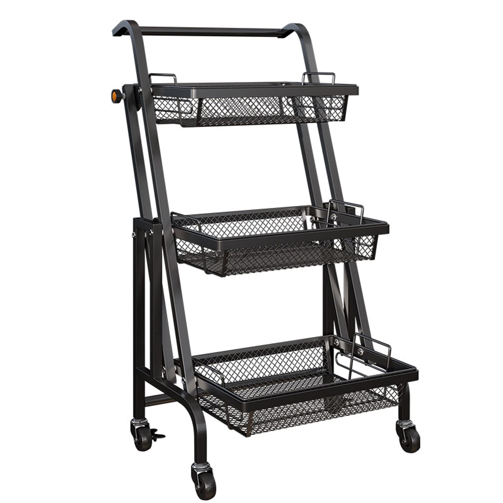 3 Layer Black Foldable Storage Cart with Detachable Basket - Adjustable Shelf Angle, Multi-Purpose Organizer for Office, Kitchen, Bathroom - Perfect for Home Organization & Space Saving