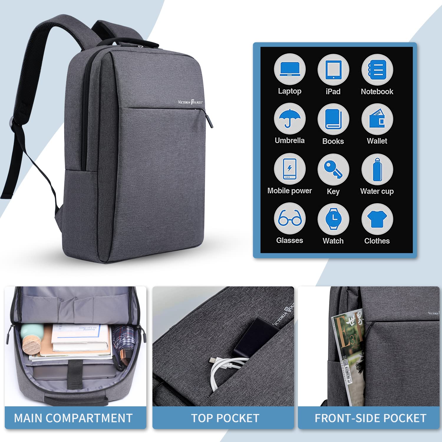 Victoriatourist 15.6 Inch Laptop Backpack - Slim Durable Business & Travel Backpack with USB Charging Port, College Computer Bag for Men & Women - Fits Most Notebooks (Grey) - Perfect for Work, School & Daily Commute