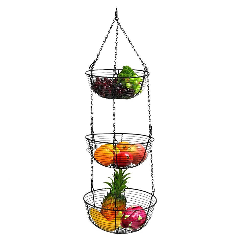 3-Tier Hanging Fruit Basket for Kitchen & Restaurant - Black Storage Organizer with Drain Tray for Fruits, Vegetables, and Produce - Space-Saving Countertop or Wall Mount Solution for Home, Dorm, and Commercial Use