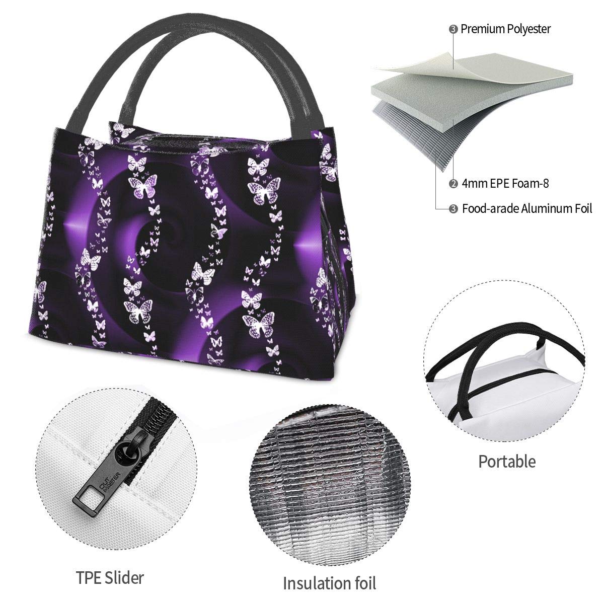 Insulated Purple Butterfly Lunch Bag for Women - Leakproof Cooler Tote for Work, School & Picnics | BPA-Free Reusable Lunch Box