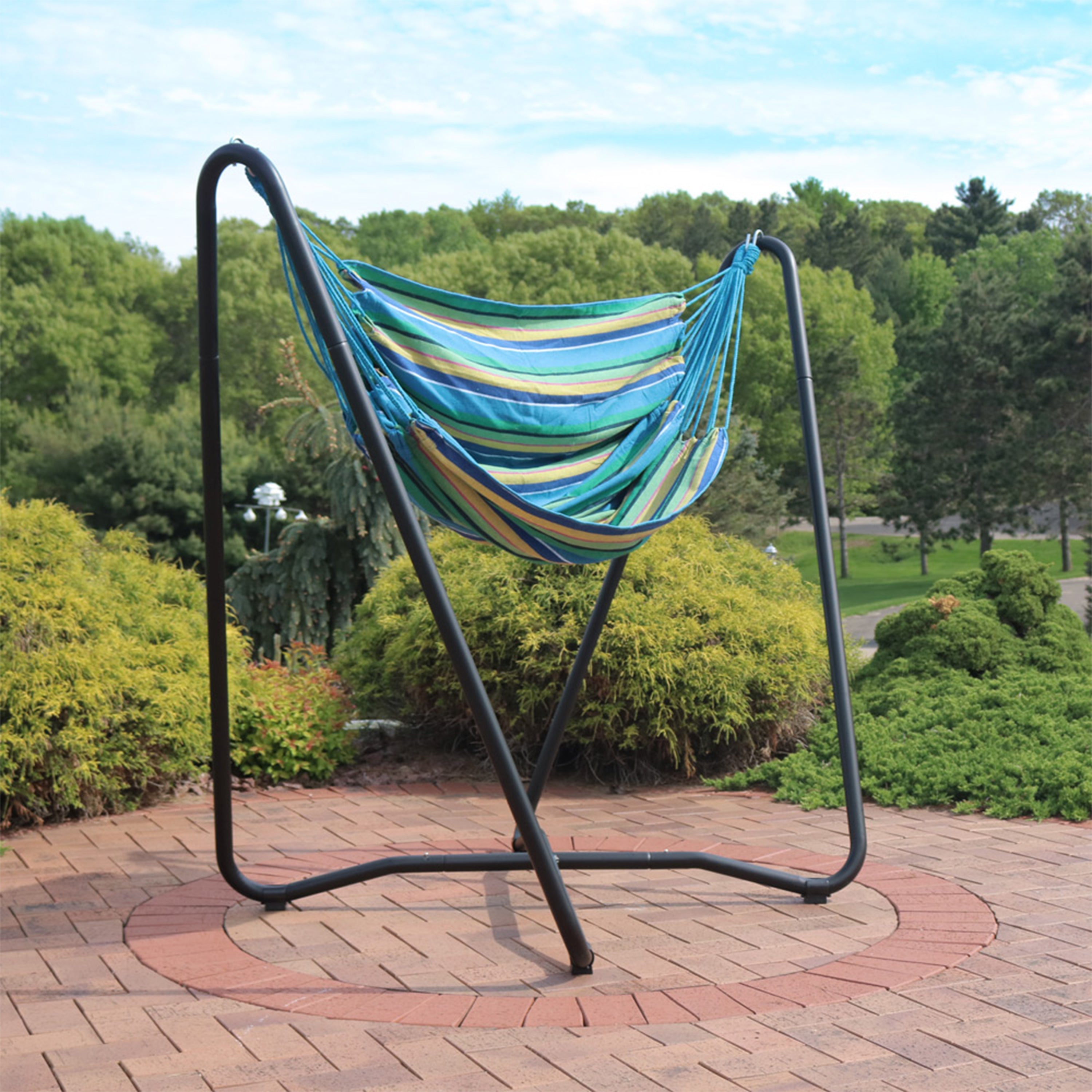 Sunnydaze Hanging Rope Hammock Chair with Space-Saving Stand - Indoor/Outdoor Swing Chair for Patio, Garden, Balcony & Bedroom Relaxation
