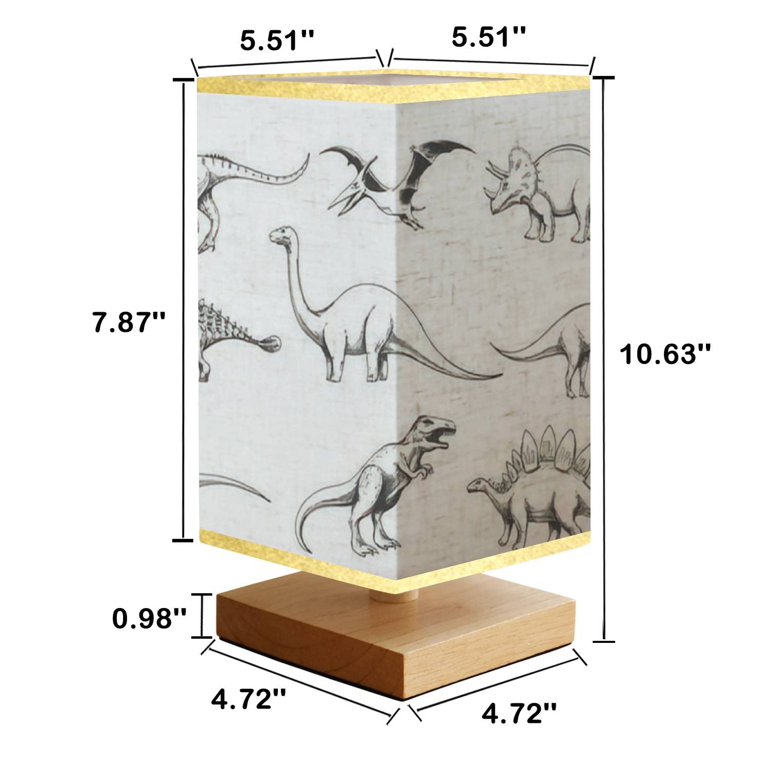 Dinosaur LED Nightstand Lamp - Square Wooden Base with Fabric Shade, Bedside Table Light for Bedroom, Kids Room & College Dorm - Perfect for Reading, Nursery Decor and Cozy Bedtime Lighting