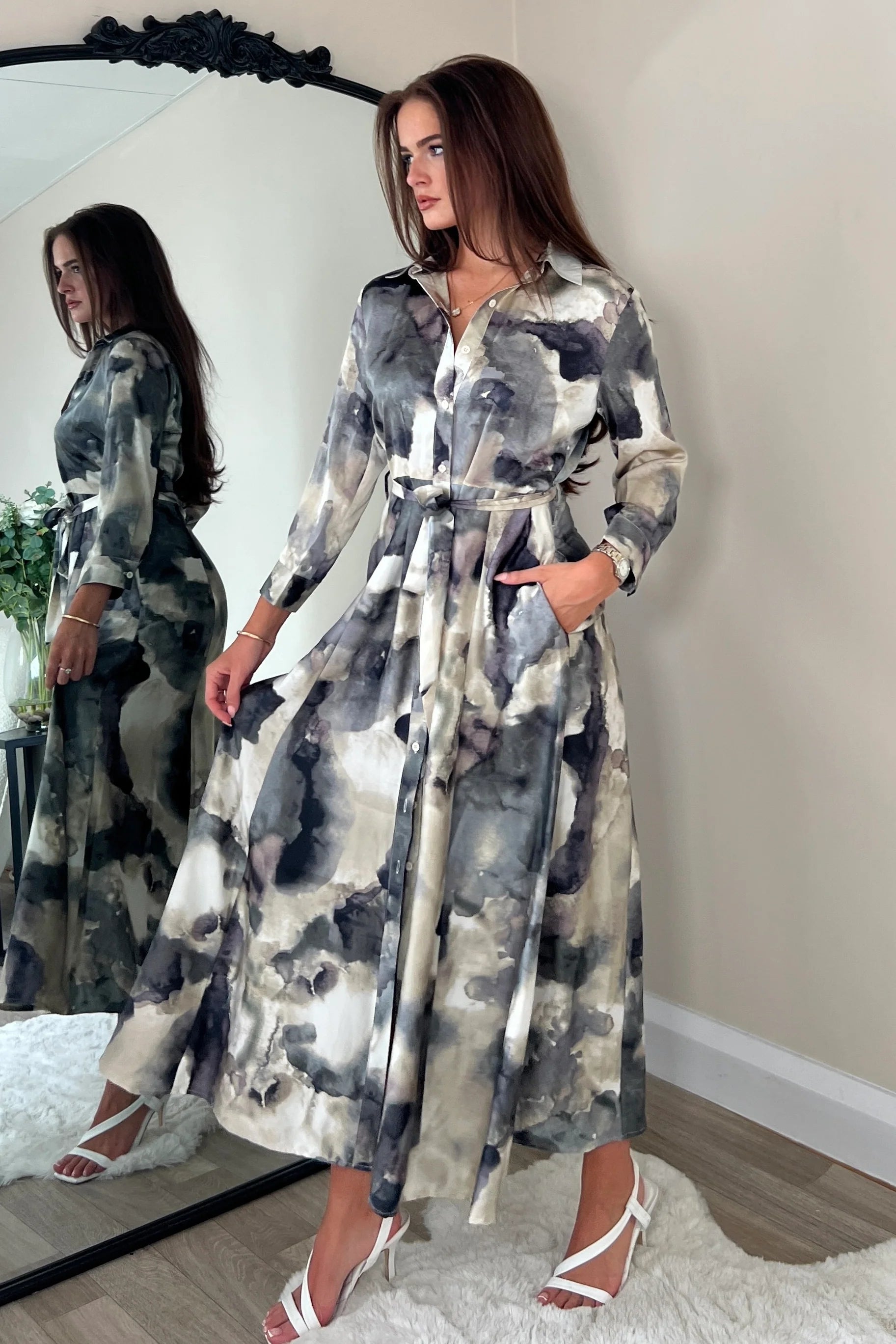 Angela Shirt Dress - Stylish Grey Print Floral Wrap Dress for Women | Perfect for Office, Date Night & Spring Outfits