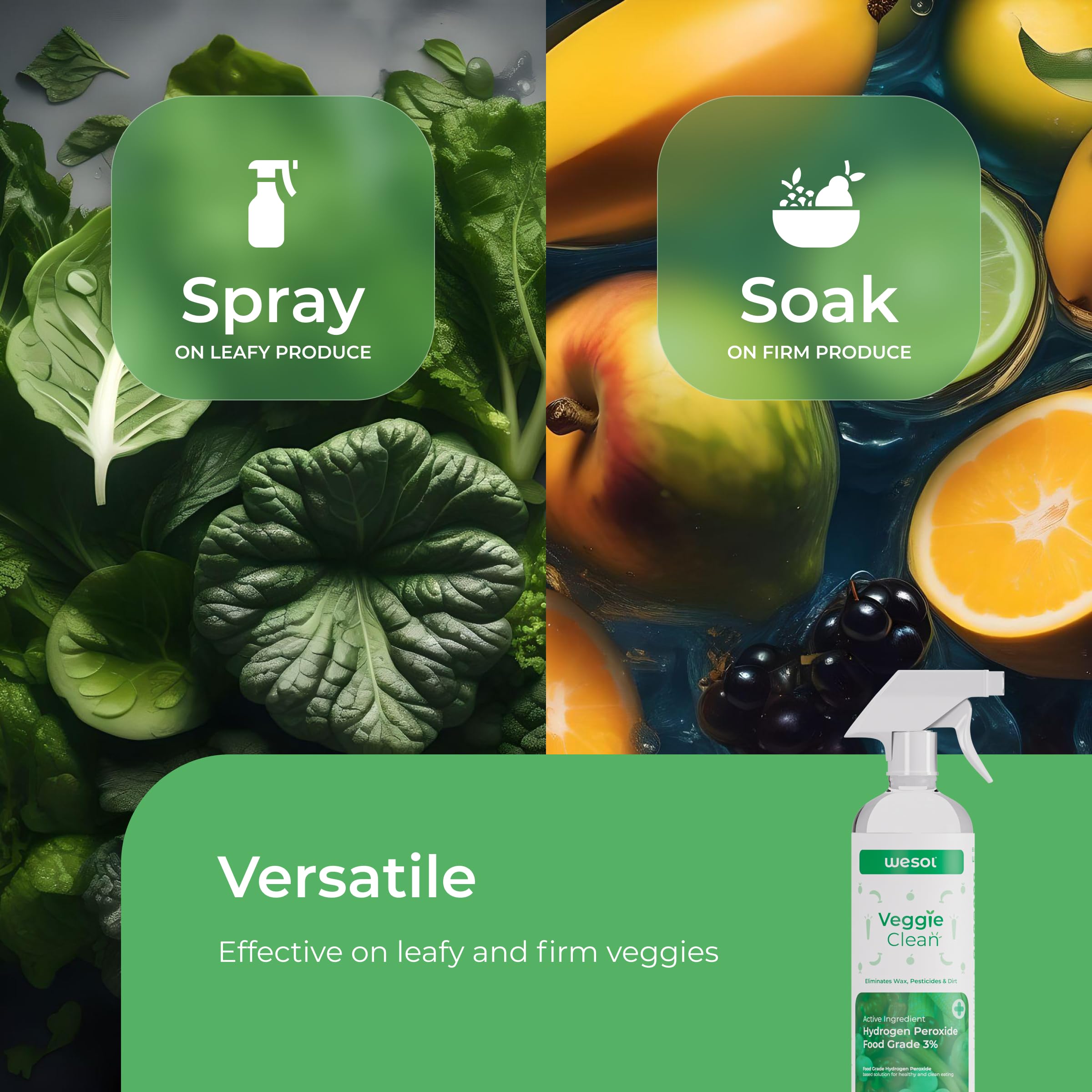 **Wesol 500ml Fruit & Vegetable Wash with 3% Food-Grade Hydrogen Peroxide – Removes Pesticides, 99.9% Germs, Wax – Safe for Organic Produce – Perfect for Fresh Salads, Smoothies & Meal Prep**