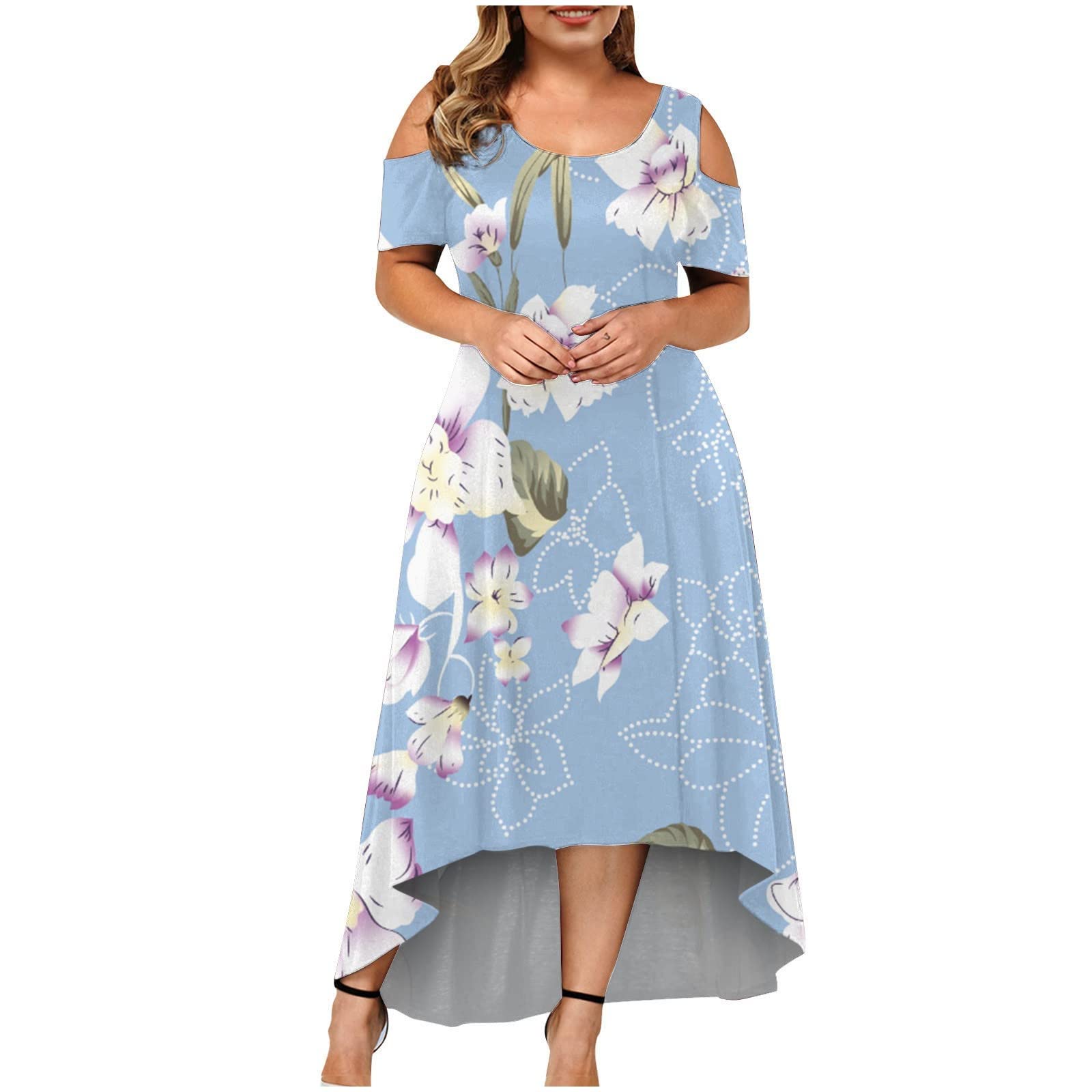 Women's Plus Size Floral Summer Sundress - Off Shoulder Short Sleeve Flowy Maxi Dress for Beach, Party & Vacation | Casual & Formal Occasions