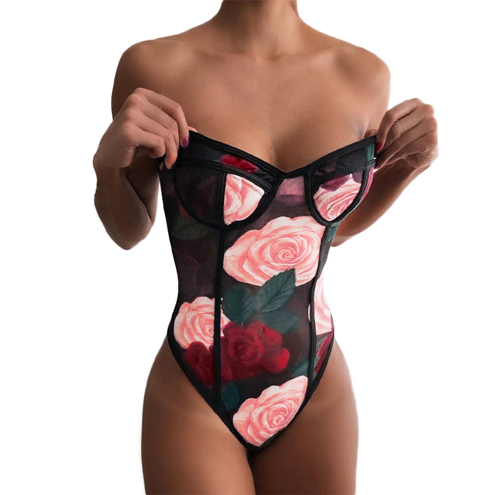 Elegant Women's Rose Flower Printed Pantsuit - Sexy Sleepwear Romper & Slim Pajama Set for Wedding Guest (Black, Size S) | Perfect for Bridal Showers, Bachelorette Parties & Romantic Nights