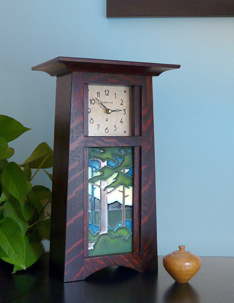 Handcrafted American Oak Tall Craftsman Style Mantel Clock with Pine Forest Tile, 15 Inch, Perfect for Rustic Home Decor and Cozy Living Rooms