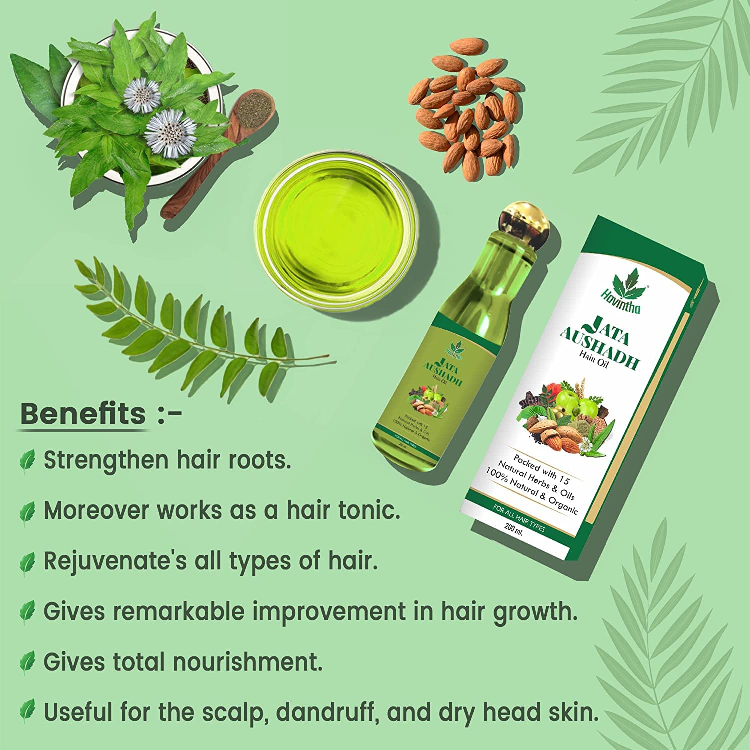 Havintha Natural Jata Aushadh Hair Oil for Hair Growth & Strength - 200ml with Jatamansi, Kalonji, Bhringraj & Almonds | 15 Herbal Ingredients for Thicker, Healthier Hair | Perfect for Daily Scalp Massage & Split End Treatment