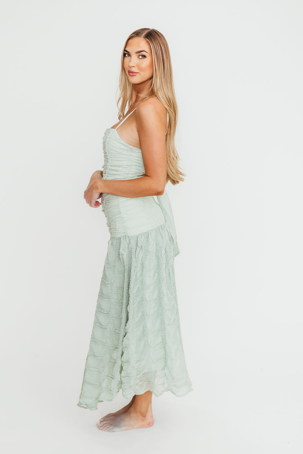 Rosie Ruched Maxi Dress in Mint Green - Elegant Flowy Long Dress for Women, Perfect for Weddings, Beach Vacations & Summer Parties