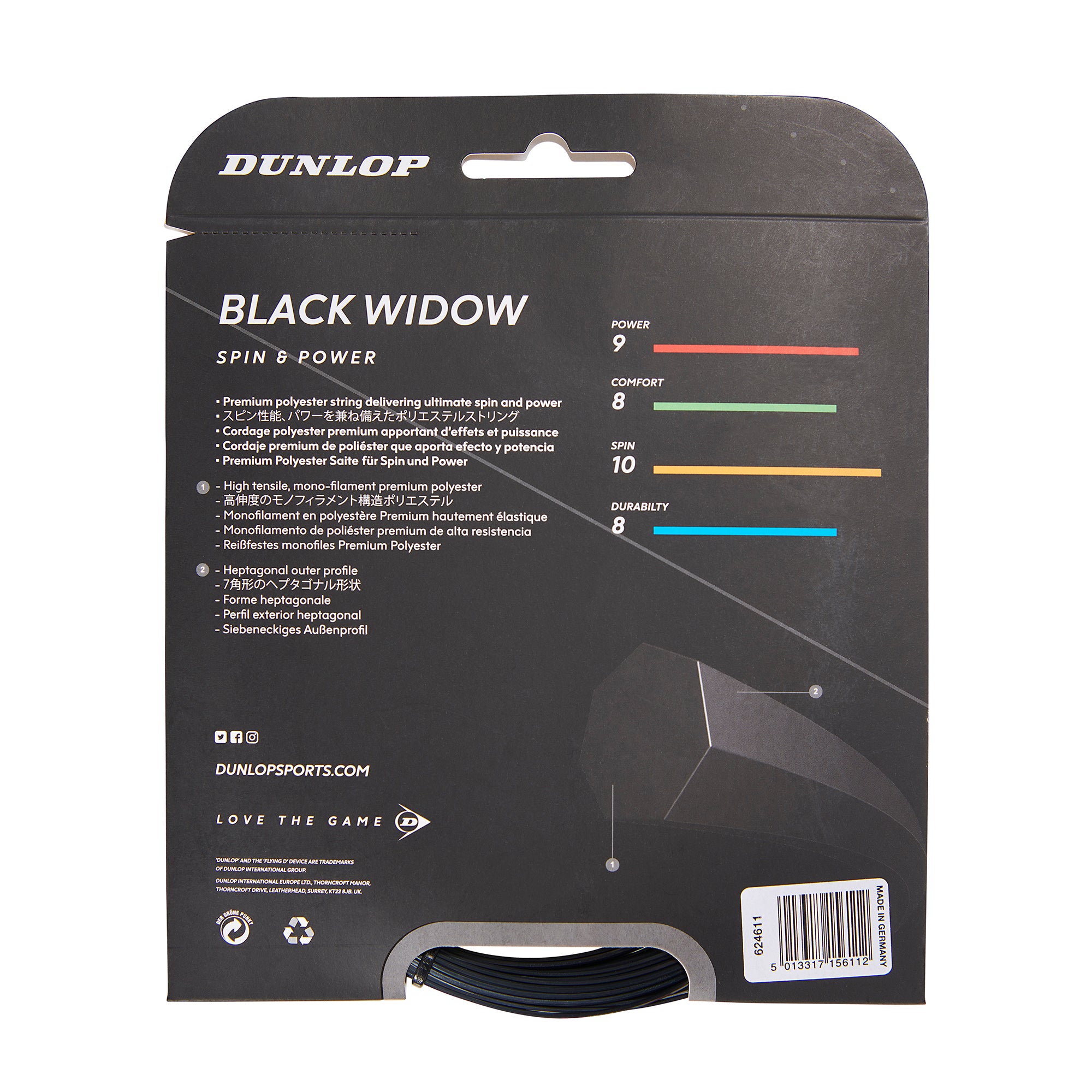 Dunlop Black Widow 16/1.31 Tennis String - High Performance Polyester Tennis Racket String for Control & Durability (Black) | Perfect for Competitive Play & String Replacement