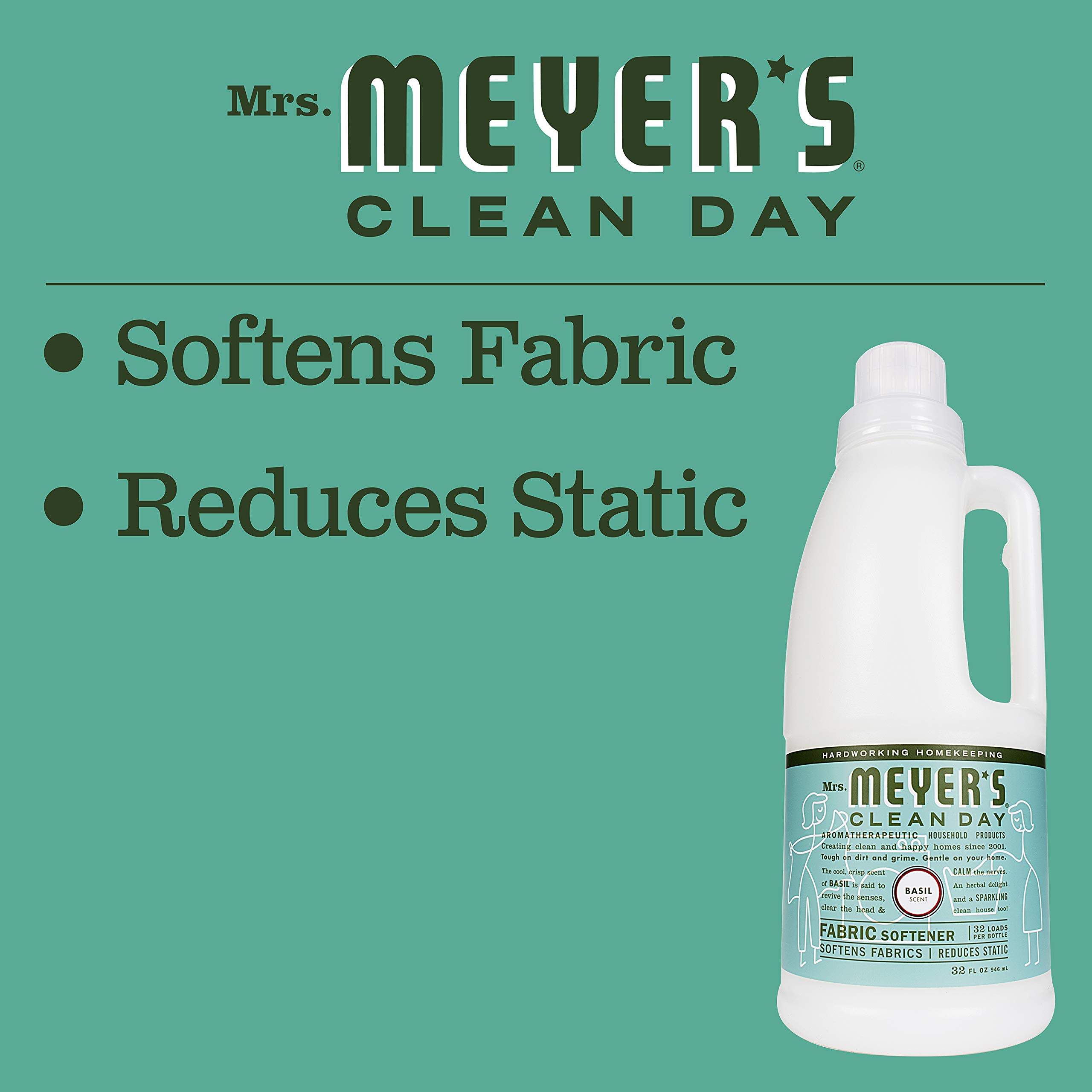 Mrs. Meyer's Clean Day Liquid Fabric Softener - Basil Scent, 32 oz (32 Loads) | Essential Oil Infused, Paraben-Free | Softens Clothes & Reduces Static - Perfect for Laundry, Bedding & Baby Clothes