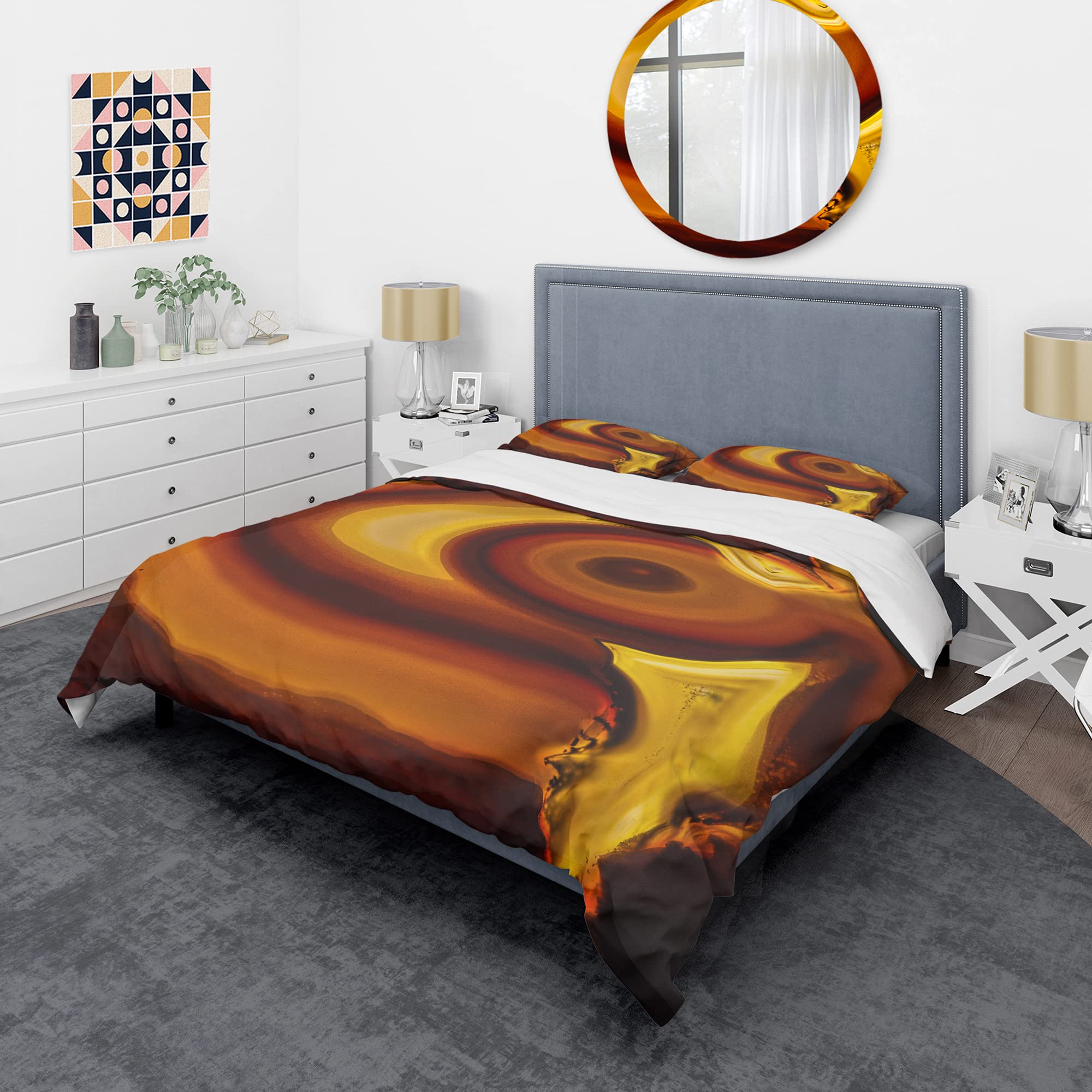 DesignQ Agate Geode Slice Modern Duvet Cover Set Queen Size - 3 Piece Abstract Bedding Set in Earthy Brown Tones | All Season Contemporary Comforter Cover for Master Bedroom & Guest Room Decor