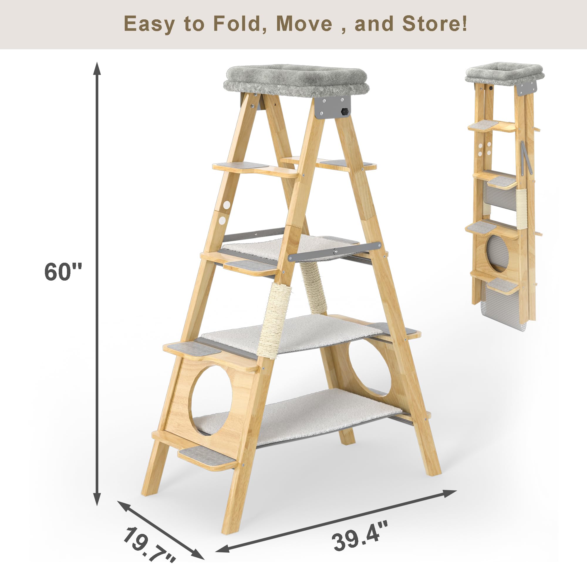 GDLF Modern Wood Cat Tree with Foldable Ladder, Hammock & Sisal Scratch Post - 60