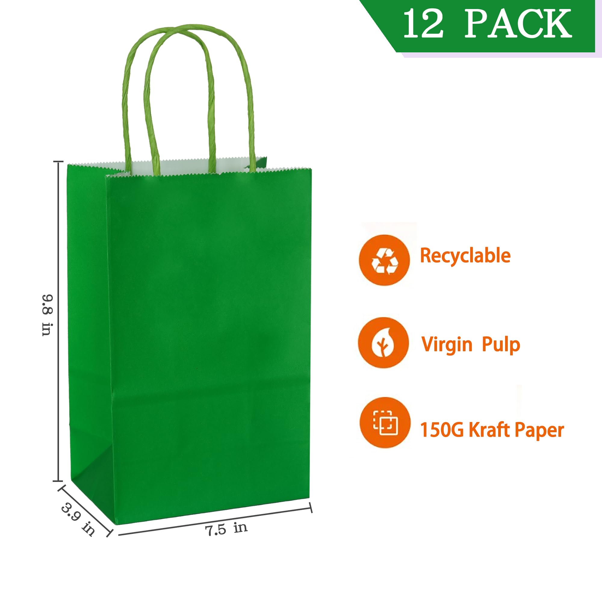 AZOWA Medium Kraft Paper Gift Bags with Handles - 7.5 x 3.9 x 9.8 Inches, Eco-Friendly Green, Pack of 12 - Perfect for Birthday Party Favors, Wedding Favors & Holiday Gift Wrapping