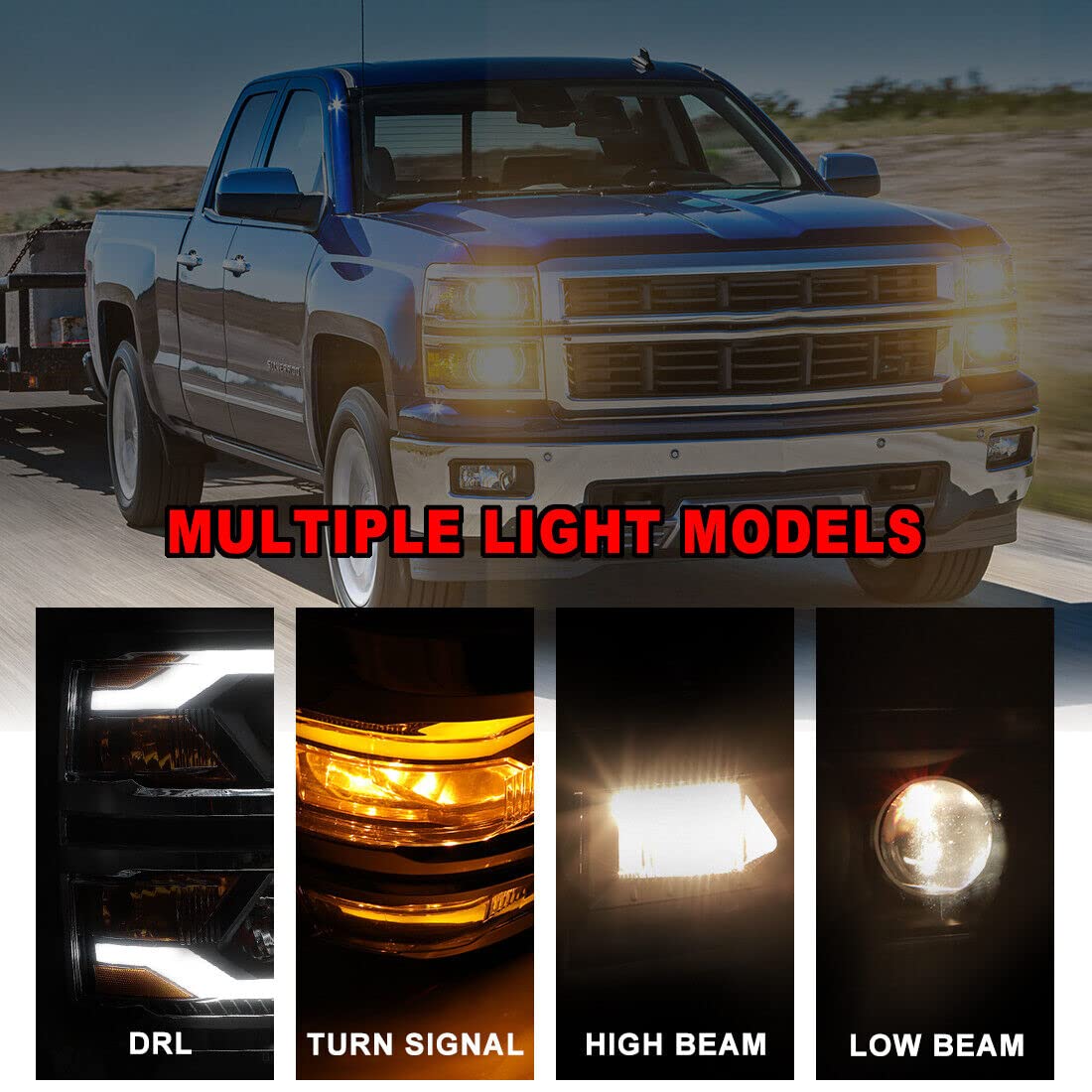 ROXX LED Sequential Turn Signal Headlight Assembly for 2014-2015 Chevy Silverado 1500 Pickup Truck - Chrome Clear Projector Headlights Pair Set (Driver & Passenger Side) - Upgrade for Enhanced Visibility & Style on Night Driving & Off-Road Adventures