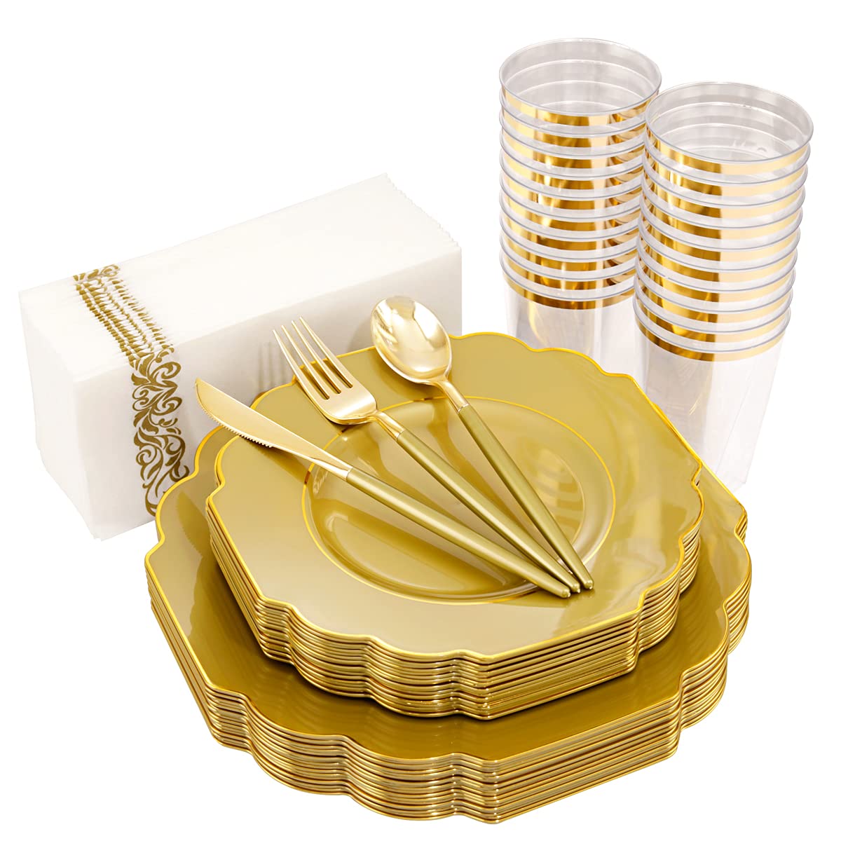 140-Piece Gold Plastic Dinnerware Set - 40 Plates, 20 Cups, 20 Forks, 20 Knives, 20 Spoons & 20 Napkins - Elegant Disposable Tableware for Weddings, Parties, Bridal Showers & Special Events