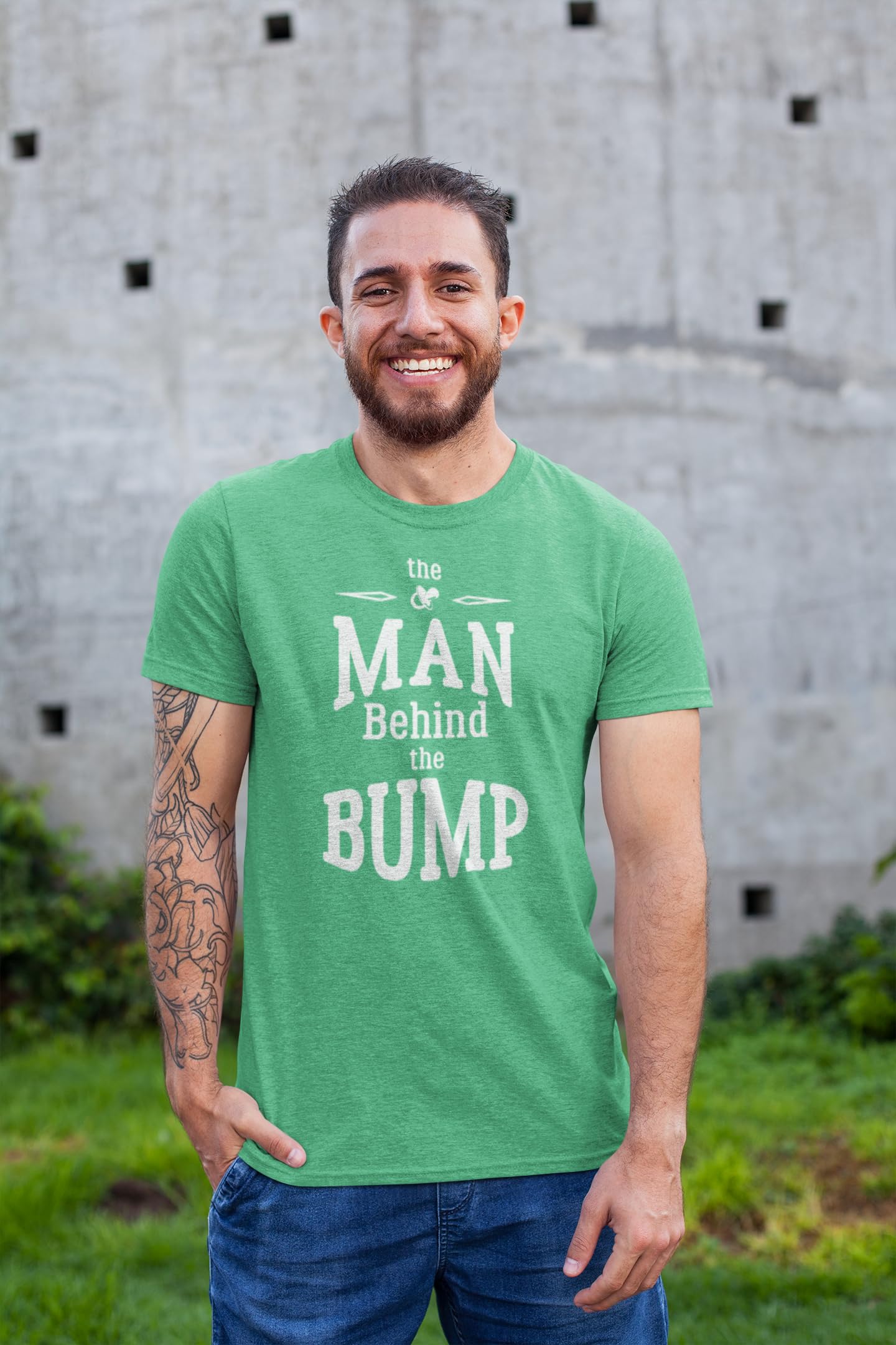 Pop Threads 'The Man Behind The Bump' Funny Father's Day Gift T-Shirt for Dads - Comfortable Cotton Graphic Tee for Expecting Fathers, Pregnancy Announcement & Gender Reveal Parties