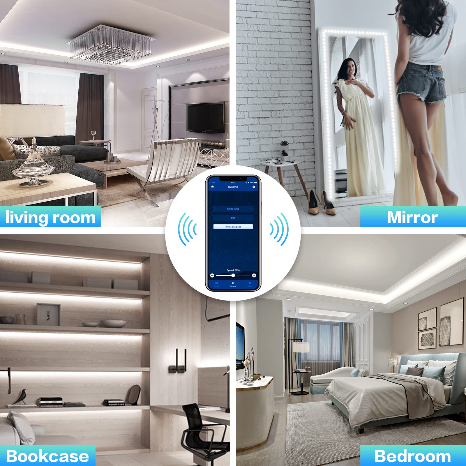 Wobsion 16.4ft White LED Strip Lights with Bluetooth & IR Remote Control - 300 LEDs Dimmable Rope Light, 12V Self-Adhesive Tape Lights (6000K Cool White) - Perfect for Bedroom, Kitchen Cabinet, Mirror, TV Backlight & Party Decor