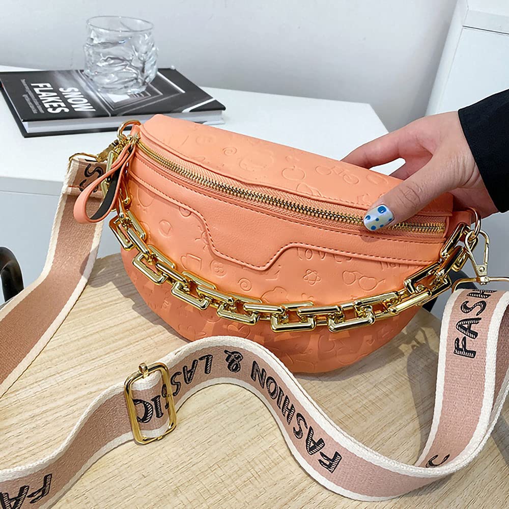 Aiqudou Women's Leather Fanny Pack Crossbody Bag with Chain Strap - Stylish Waist Pouch for Travel, Hiking, Concerts & Daily Use