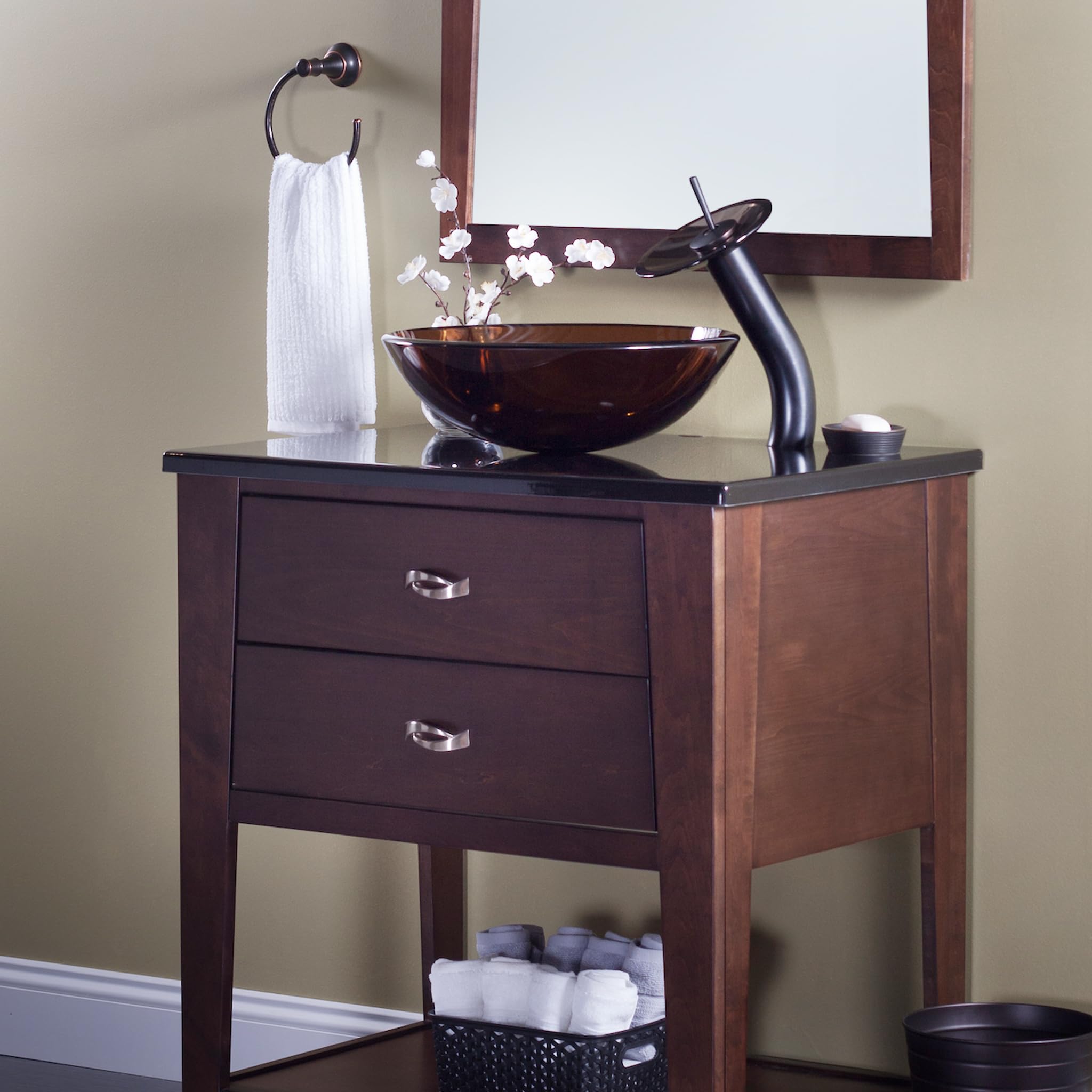 Novatto GF-001ORB-T Single Lever Waterfall Vessel Faucet in Oil Rubbed Bronze with Tea Glass Spout - Modern Bathroom Sink Faucet for Vanity, Powder Room & Luxury Home Decor