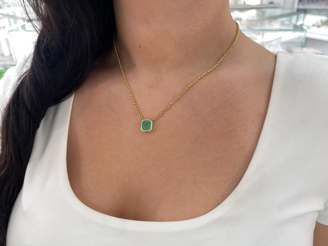 3.22 Carat Natural Colombian Emerald Asscher Cut Bezel Necklace in 14K Gold - Elegant Jewelry for Women, Perfect Gift for Anniversary, Birthday & Special Occasions