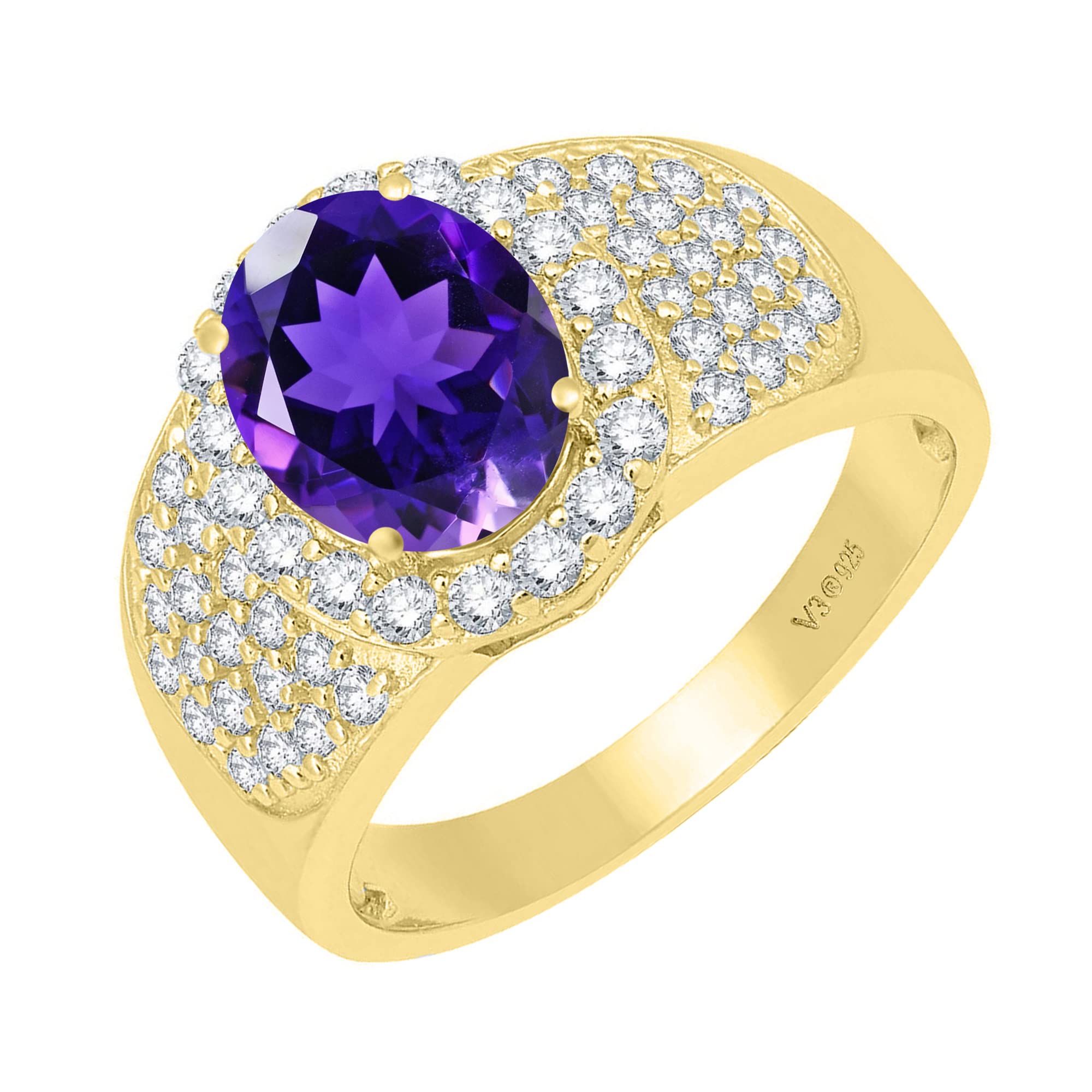 14K Gold Over Sterling Silver Halo Ring with Natural Amethyst & White Topaz | Elegant Birthstone Jewelry for Women, Perfect for Valentine's Day, Anniversary & Special Occasion Gifts