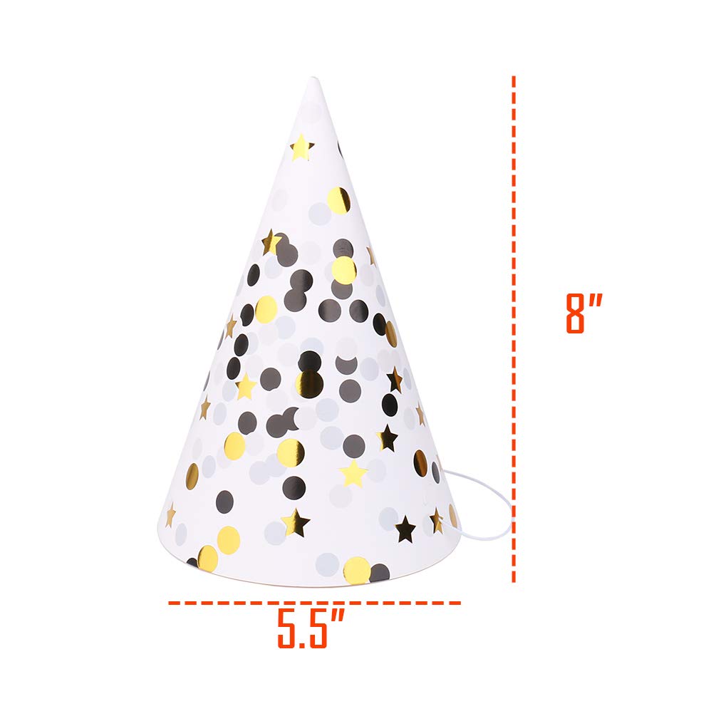 Boieo 12-Pack Gold Polka Dot Striped Birthday Party Hats for Adults & Kids - Fun Cone Hats for Birthday Celebrations, Baby Showers, and Festive Events