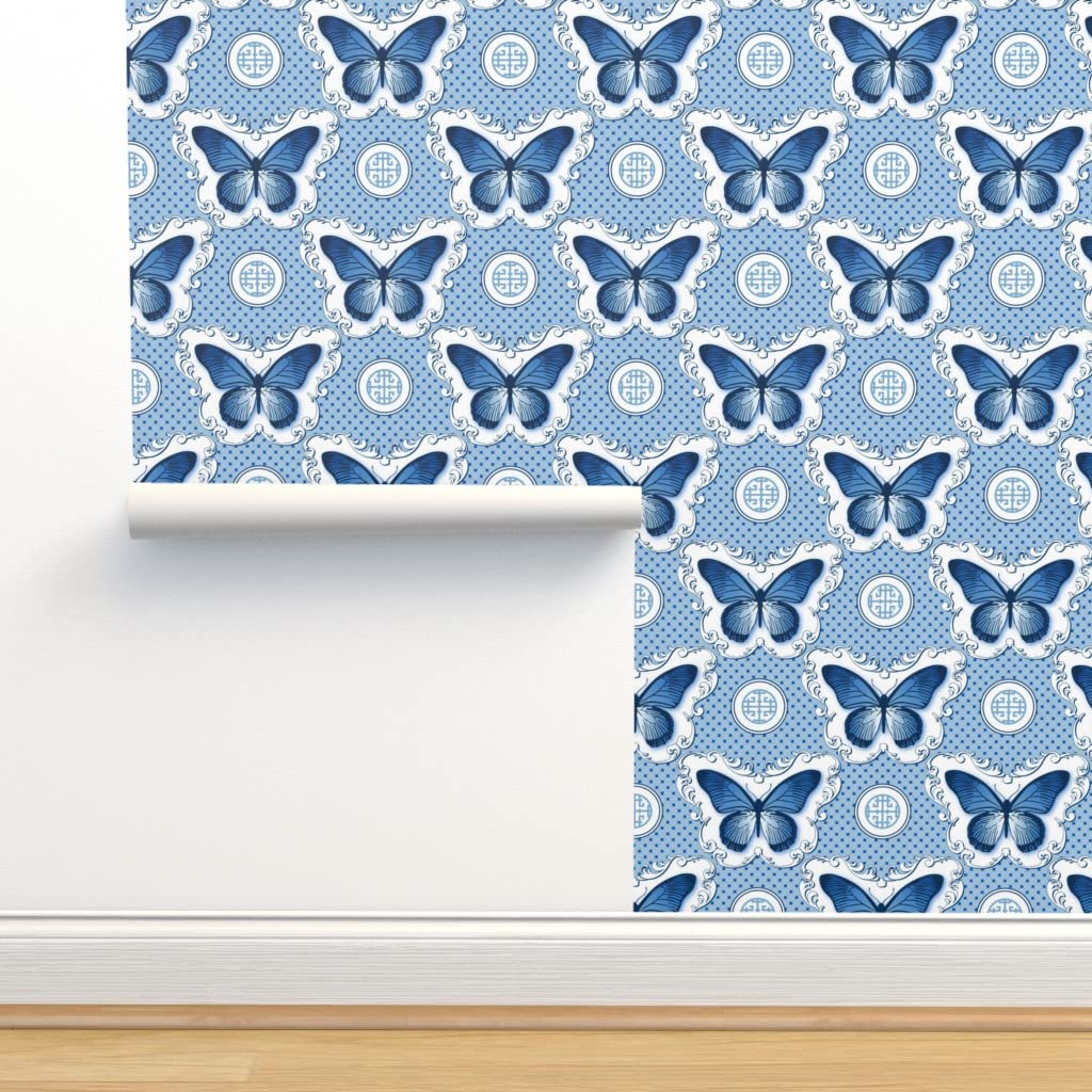 Peel & Stick Removable Wallpaper Swatch - Chinoiserie Butterfly Blue & White French Cobalt Design | Custom Self-Adhesive Wallpaper by Spoonflower | Perfect for Bedroom, Nursery & Home Decor