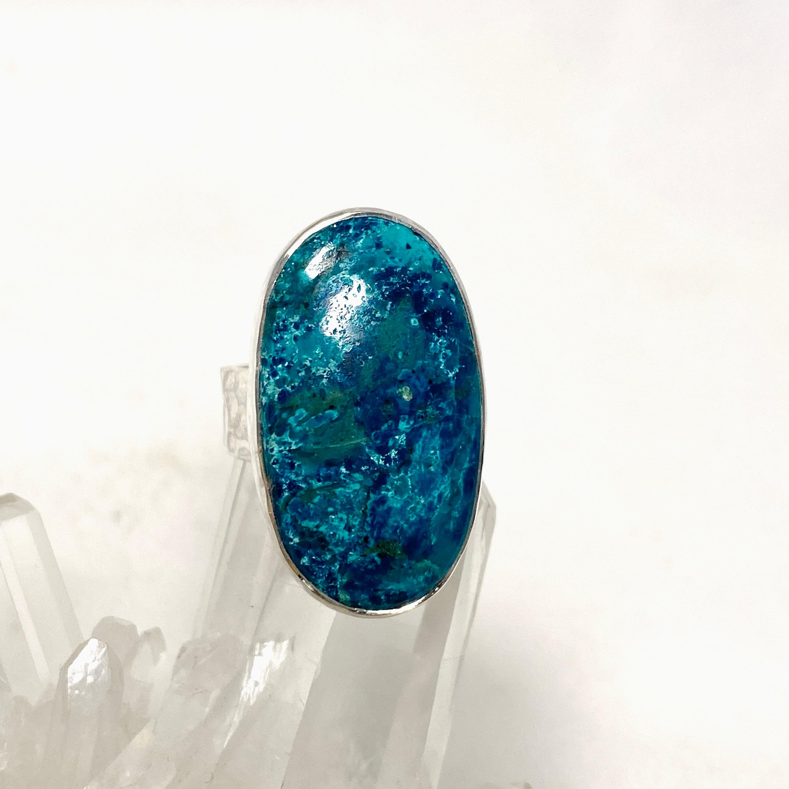 Shattuckite Oval Ring with Hammered Band - Size 8.5 KRGJ3229 | Handmade Bohemian Jewelry for Women, Spiritual Healing Crystal Gift for Meditation & Energy Work