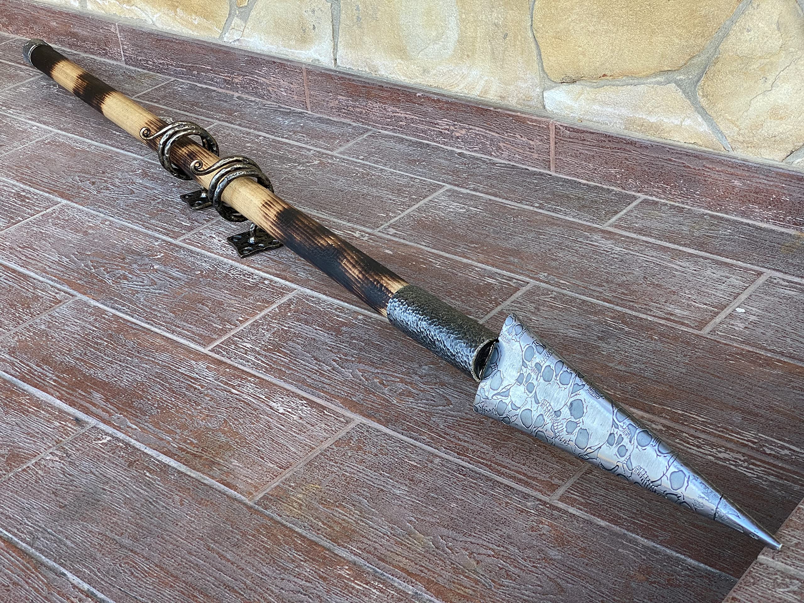 Viking Spear with 2 Wall Mounts & Etched Skulls - Medieval Weapon for Cosplay, Viking Gift, Home Decor | Perfect for LARP, Theater Props, and Norse-Themed Room Display