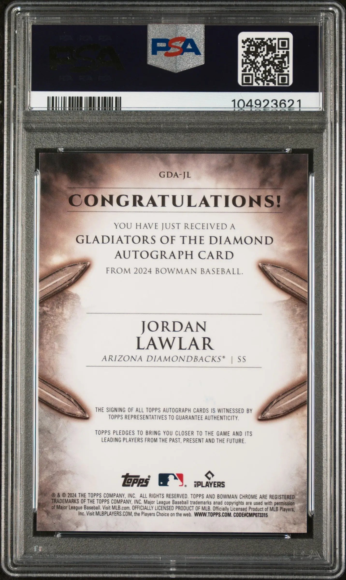 2024 Bowman Gladiators Of The Diamond Autos Gold Jordan Lawlar Rookie Card PSA 9 /50 - Rare Collectible for Baseball Fans & Sports Memorabilia Enthusiasts