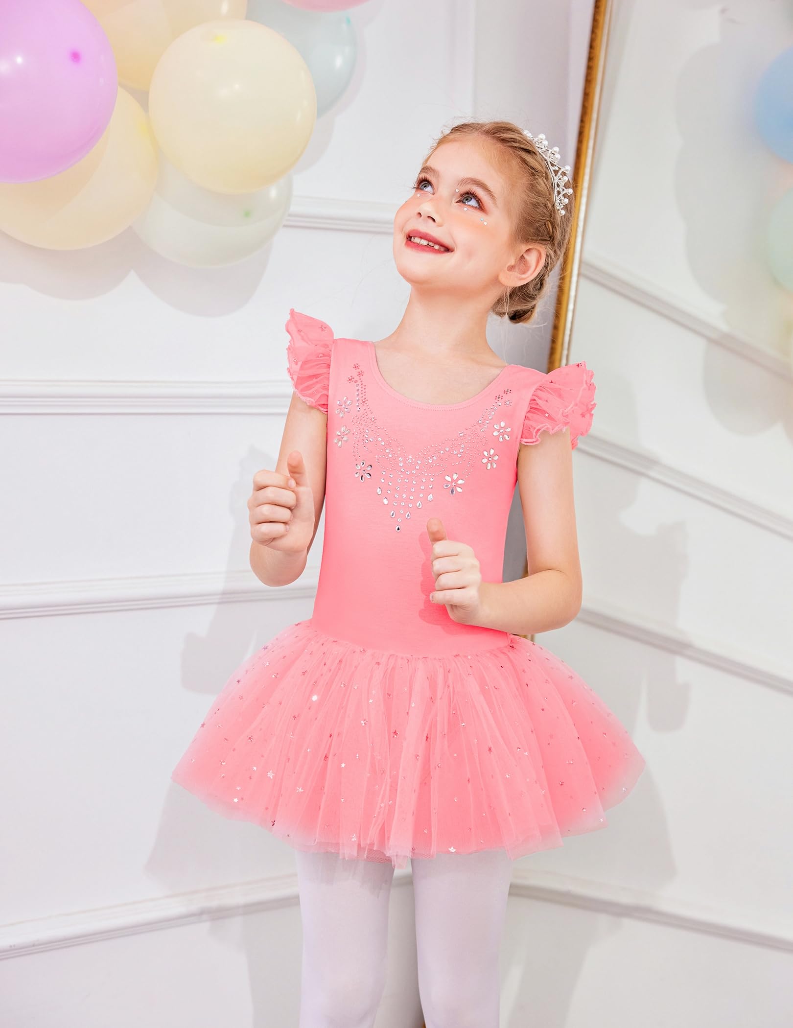 Girls Ballet Leotard with Shiny Sequin Tutu Skirt & Ruffle Sleeves - Ballerina Dance Dress for Recitals, Performances & Practice