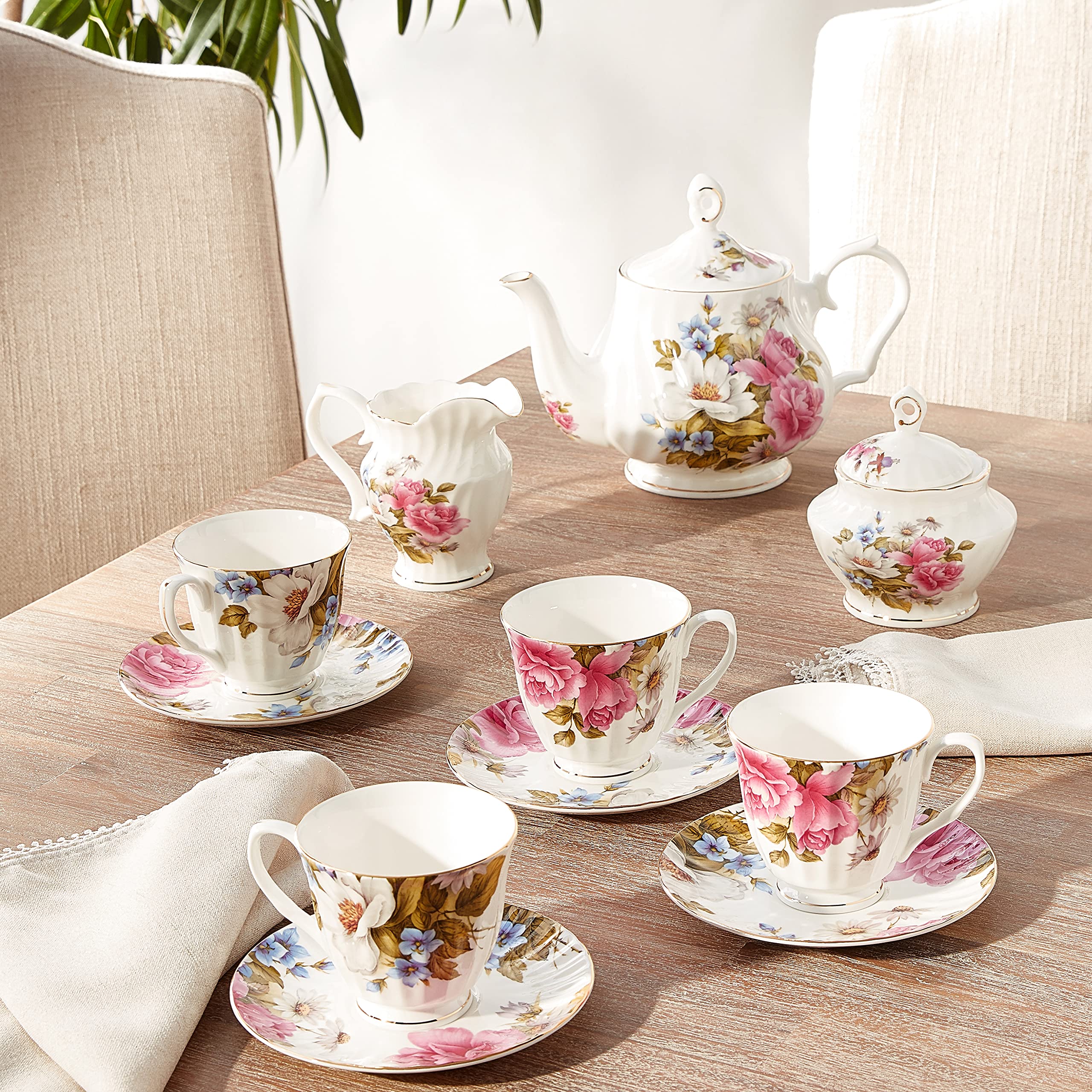 Gracie Bone China 11-Piece Tea Set - Elegant Pink Grace's Rose Floral Design for Afternoon Tea, Bridal Shower & Home Decor