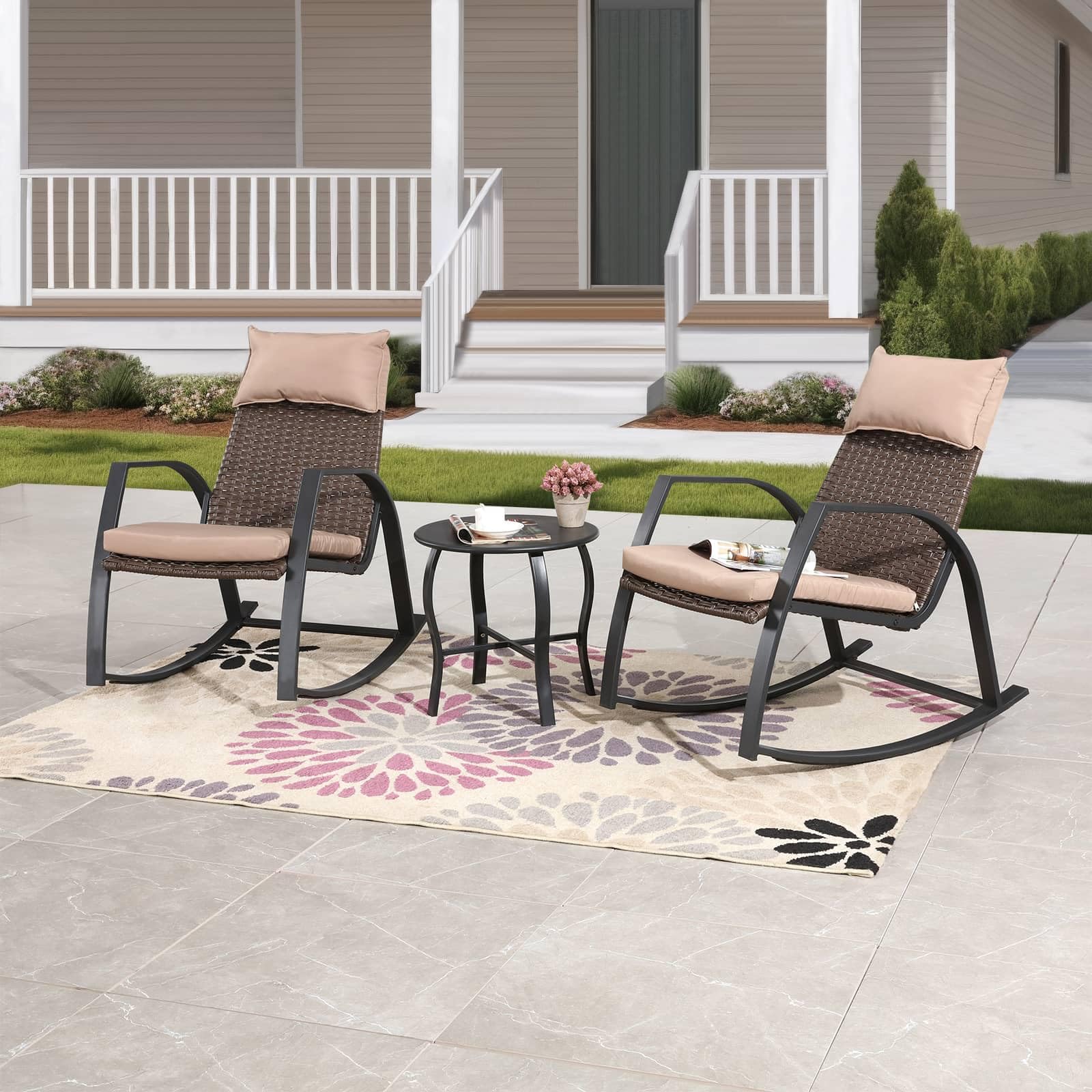 PatioFestival 3-Piece Outdoor Bistro Set with Cushioned Metal Rocking Chairs & Side Table - All-Weather Khaki Patio Furniture for Garden, Deck, or Backyard Relaxation