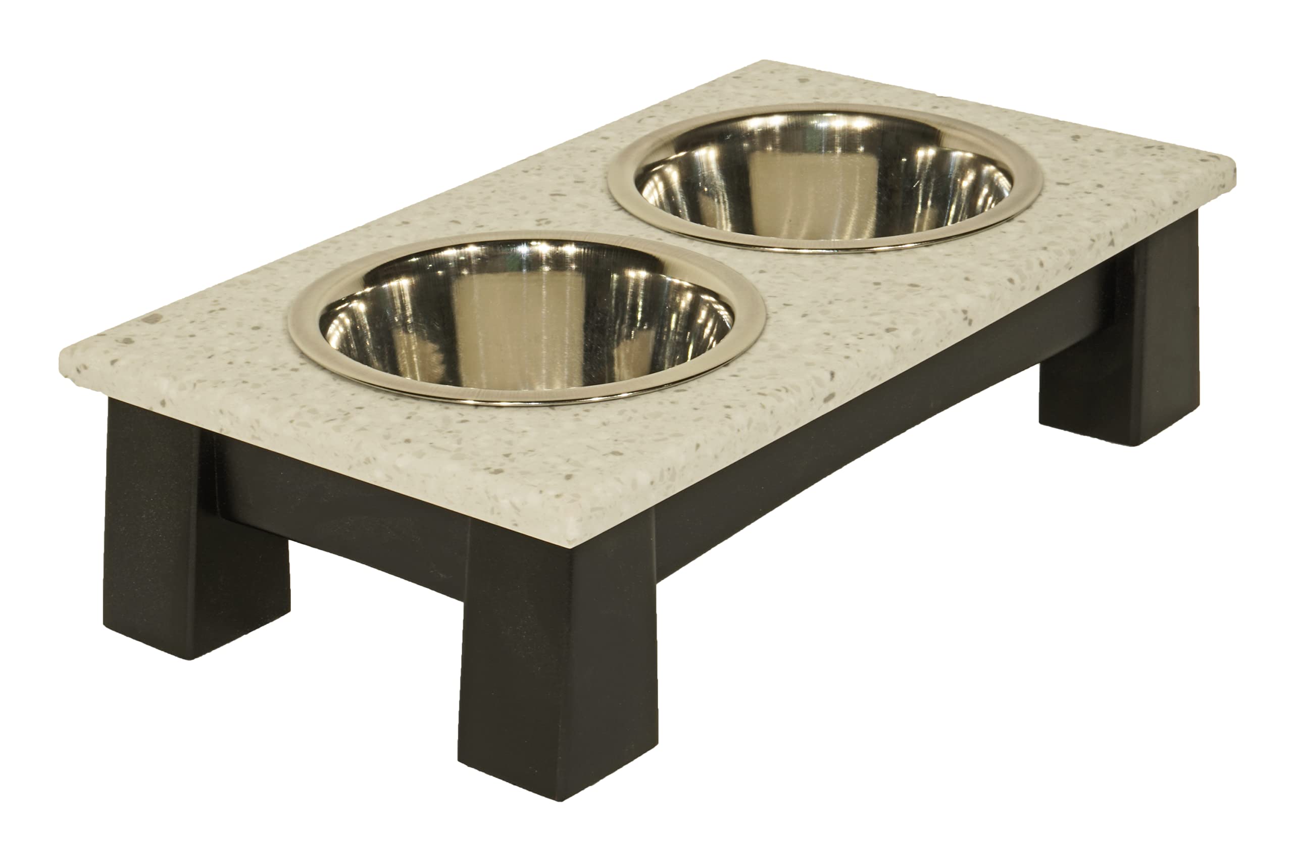 DutchCrafters Modern Solid Wood Raised Dog Bowl Stand with Corian Top & Stainless Steel Bowls - Handcrafted Amish Pet Feeder for Small to Medium Dogs - Perfect for Kitchen, Living Room or Outdoor Use (Small, Ebony & Silver Birch)