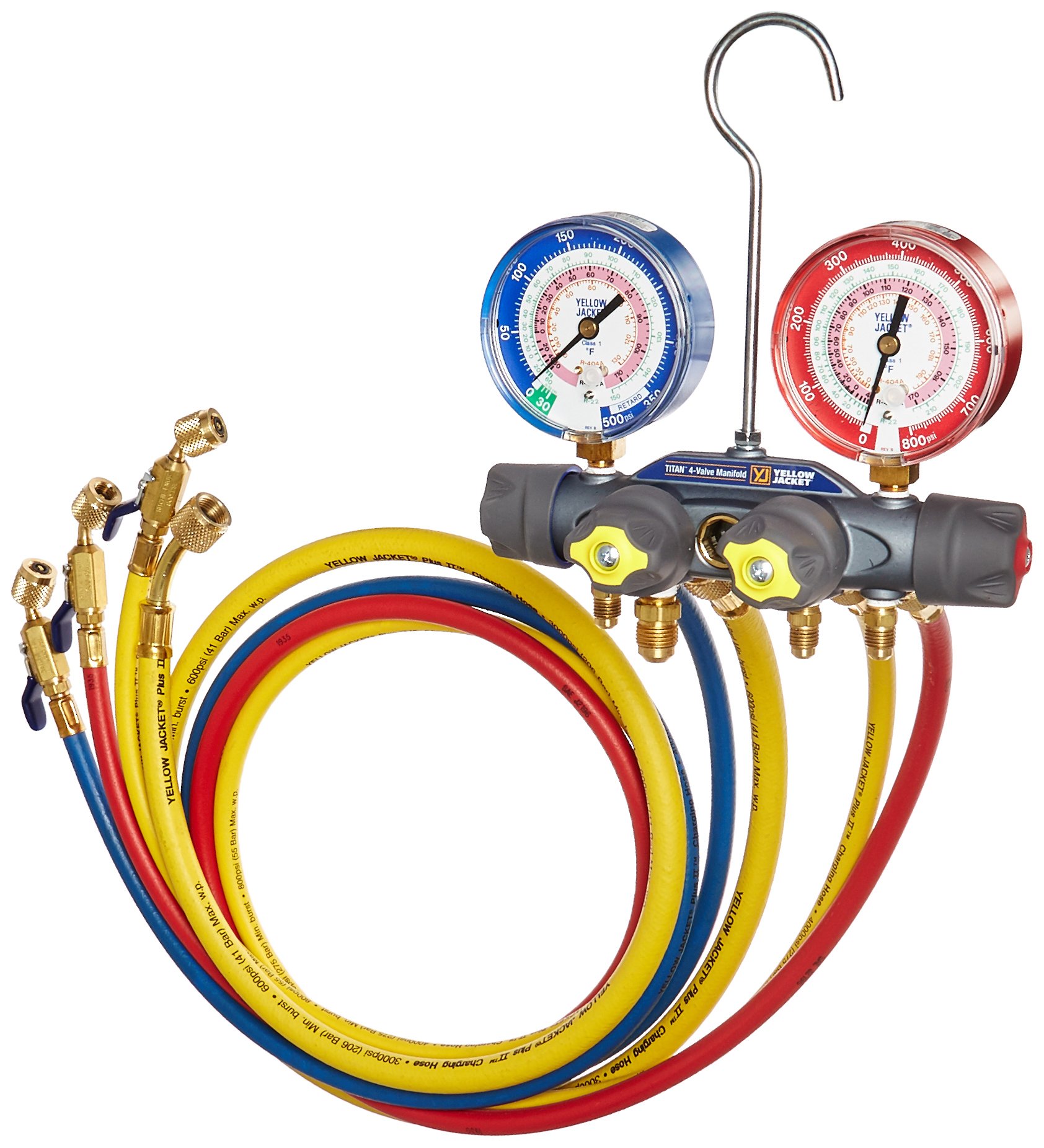 Yellow Jacket 49968 HVAC Charging Manifold Gauge Set - Professional Red/Blue Dual Port Refrigerant Manifold for AC Repair & Maintenance | Ideal for HVAC Technicians, Auto Mechanics & DIY Home Cooling System Service