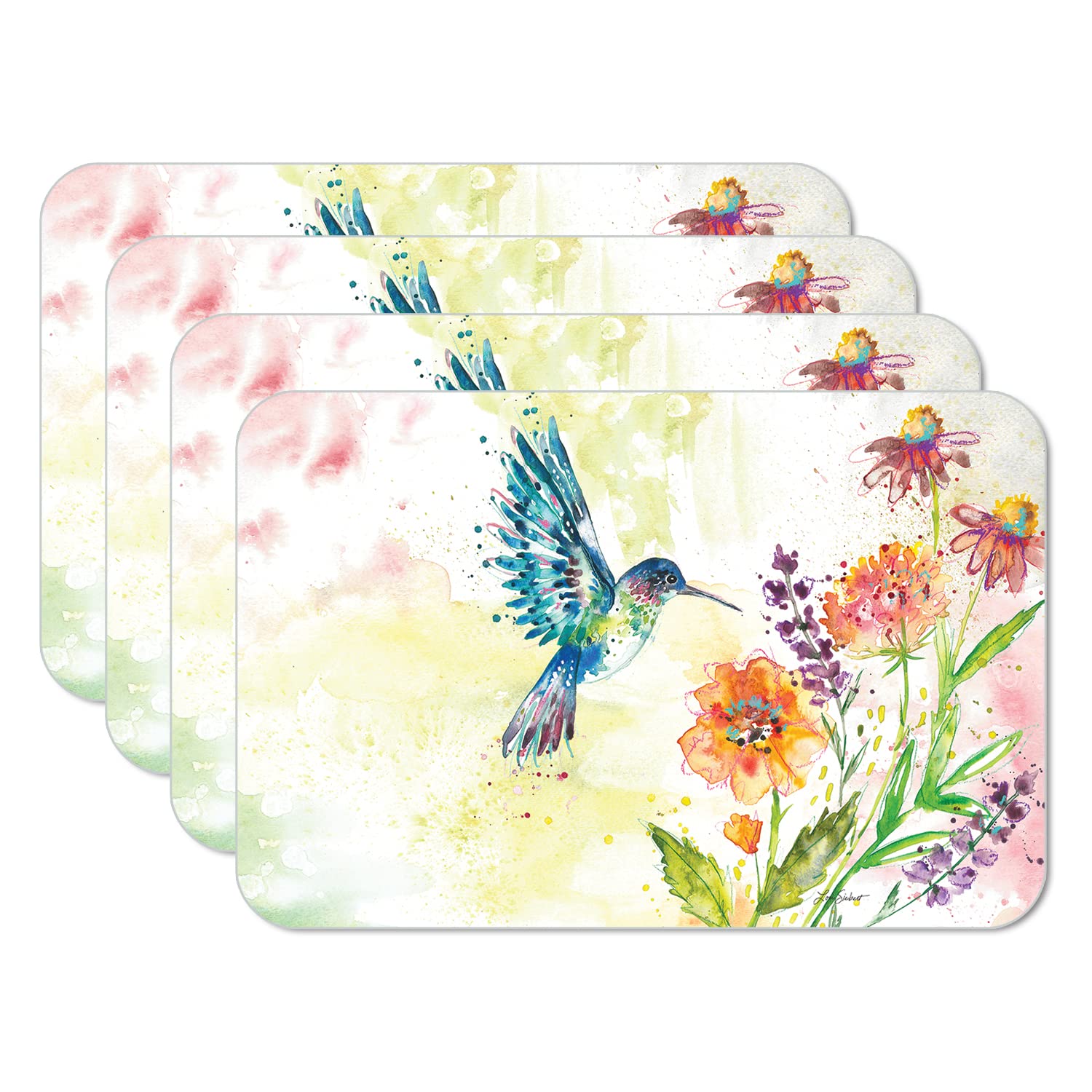 CounterArt Hummingbird Fanciful Flight 4-Pack Reversible Placemats | BPA-Free PVC-Free Flexible Plastic | Easy-Care Wipe Clean | Made in USA | Perfect for Dining Tables, Kitchen Countertops & Outdoor Entertaining