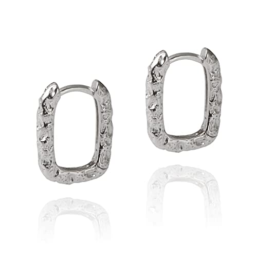Sterling Silver Hammered Textured Tiny Huggie Hoop Earrings - Rounded Rectangle Design, White Gold Plated for Women | Perfect for Everyday Wear, Date Nights & Special Occasions