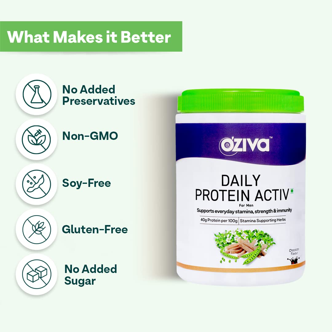 OZiva Daily Protein Activ for Men - 40g Protein per 100g with Probiotics | Muscle Building & Recovery Powder for Stamina & Energy | Chocolate Flavor 300g | Ideal for Post-Workout, Weight Training & Active Lifestyle
