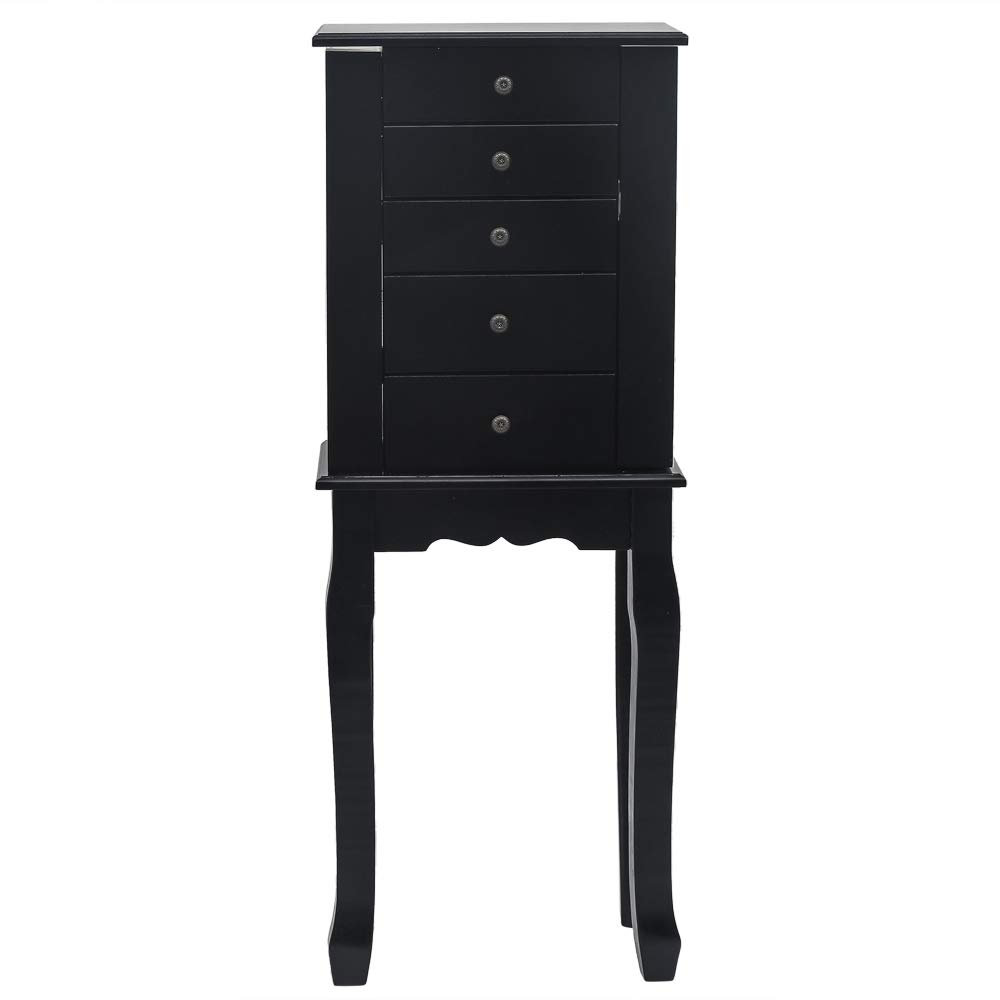 5-Tier Wooden Jewelry Cabinet Armoire - Standing Storage Organizer with Mirror for Necklaces, Rings & Earrings - Perfect for Bedroom, Closet & Dressing Room (Black)