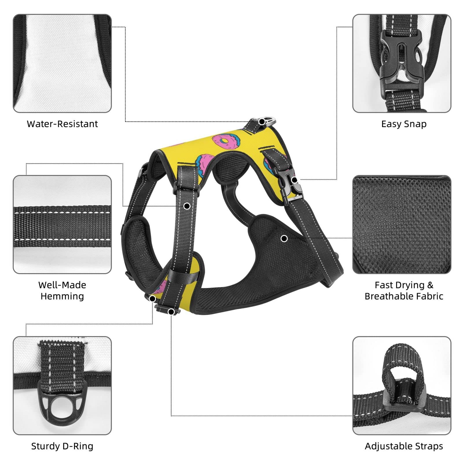 Breathable No-Pull Dog Harness with Leash - Soft Padded Escape-Proof Vest for Training & Outdoor Walking - Cartoon Donut Yellow Fashion Pet Accessory (Ideal for Park Adventures, Daily Walks & Puppy Training)