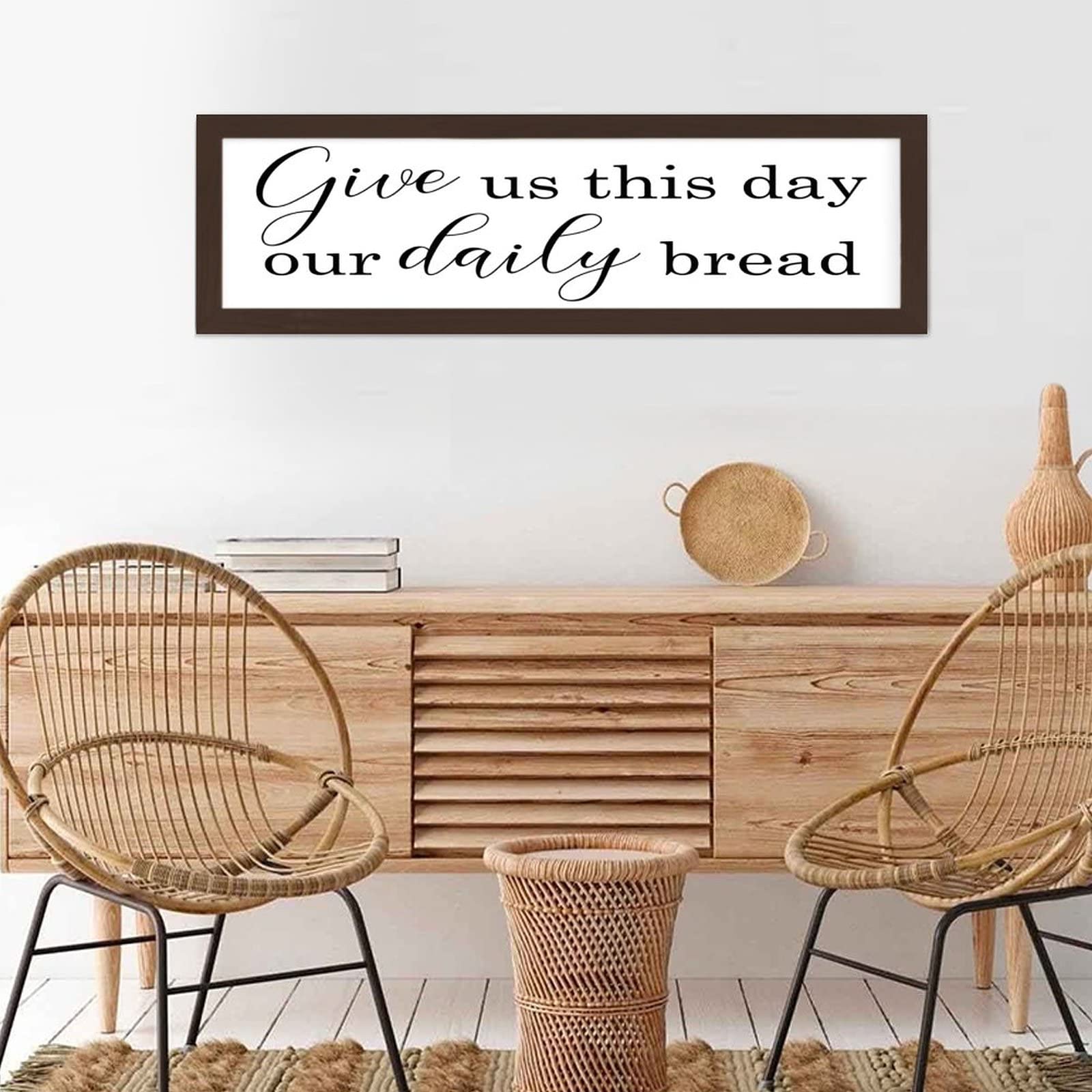 Give Us This Day Our Daily Bread Framed Wood Sign - Farmhouse Style Wooden Hanging Plaque, Rustic Wall Art Decor for Kitchen, Dining Room & Living Room - Perfect Christian Home Decor Gift