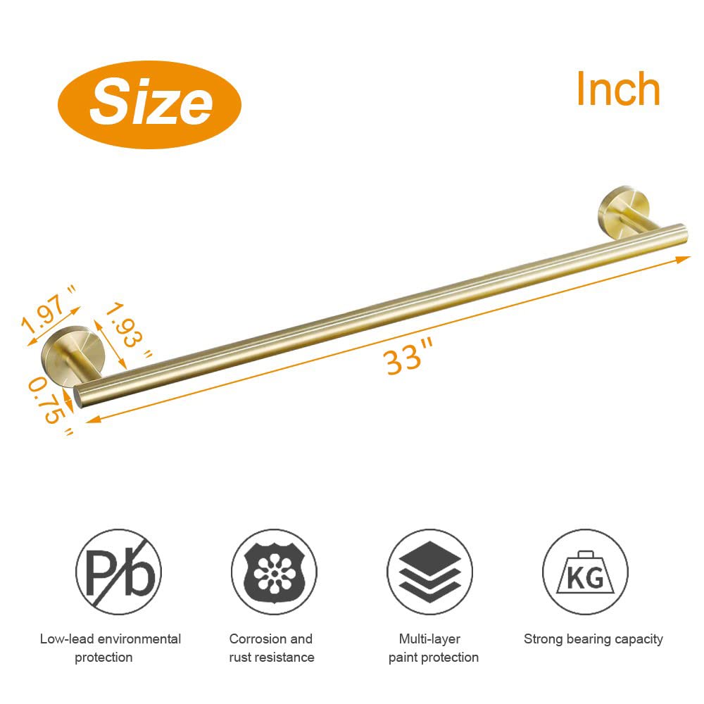 Premium TocTen 33IN Gold SUS304 Stainless Steel Bath Towel Bar - Heavy Duty Wall Mounted Bathroom Towel Holder & Hanger for Spa, Luxury Hotels & Modern Home Decor